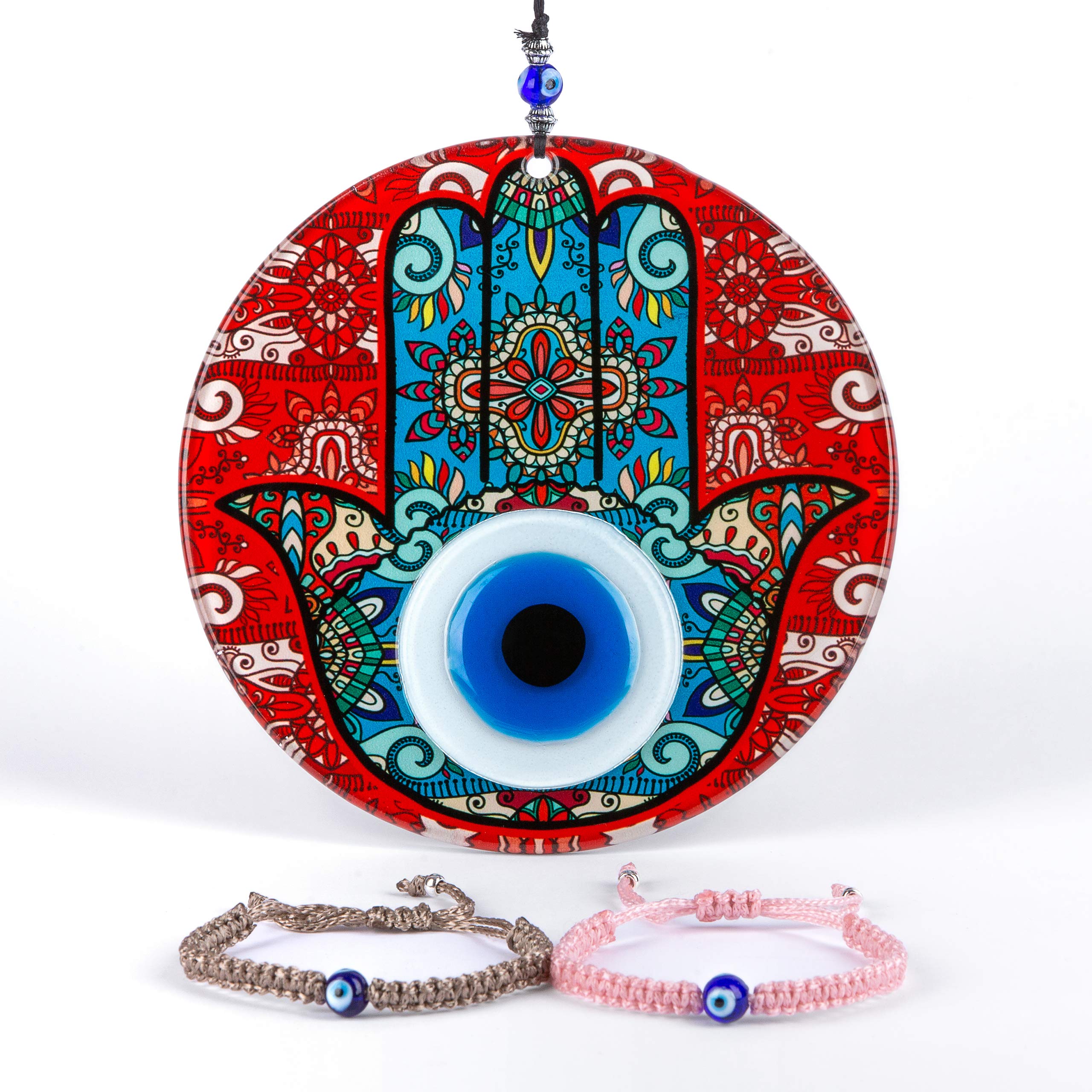 Evil Eye Large for Wall Decor with Handmade Evil Eye Bracelets Set of 2, Hand-Woven String Bracelet Kabbalah Protection Luck Amulet for Women Men Family Friendship