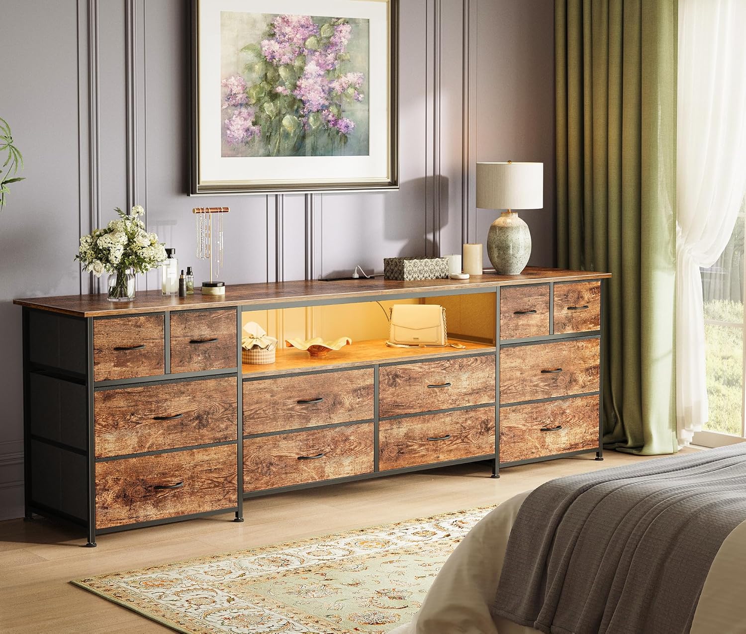 Huuger 70.9 Inch Dresser TV Stand with LED Lights, Power Outlets and USB-C Port, 12 Fabric Drawer Dresser for Bedroom, Wide Entertainment Center for 75, 80 Inch TV, Open Shelf, Rustic Brown - Image 7