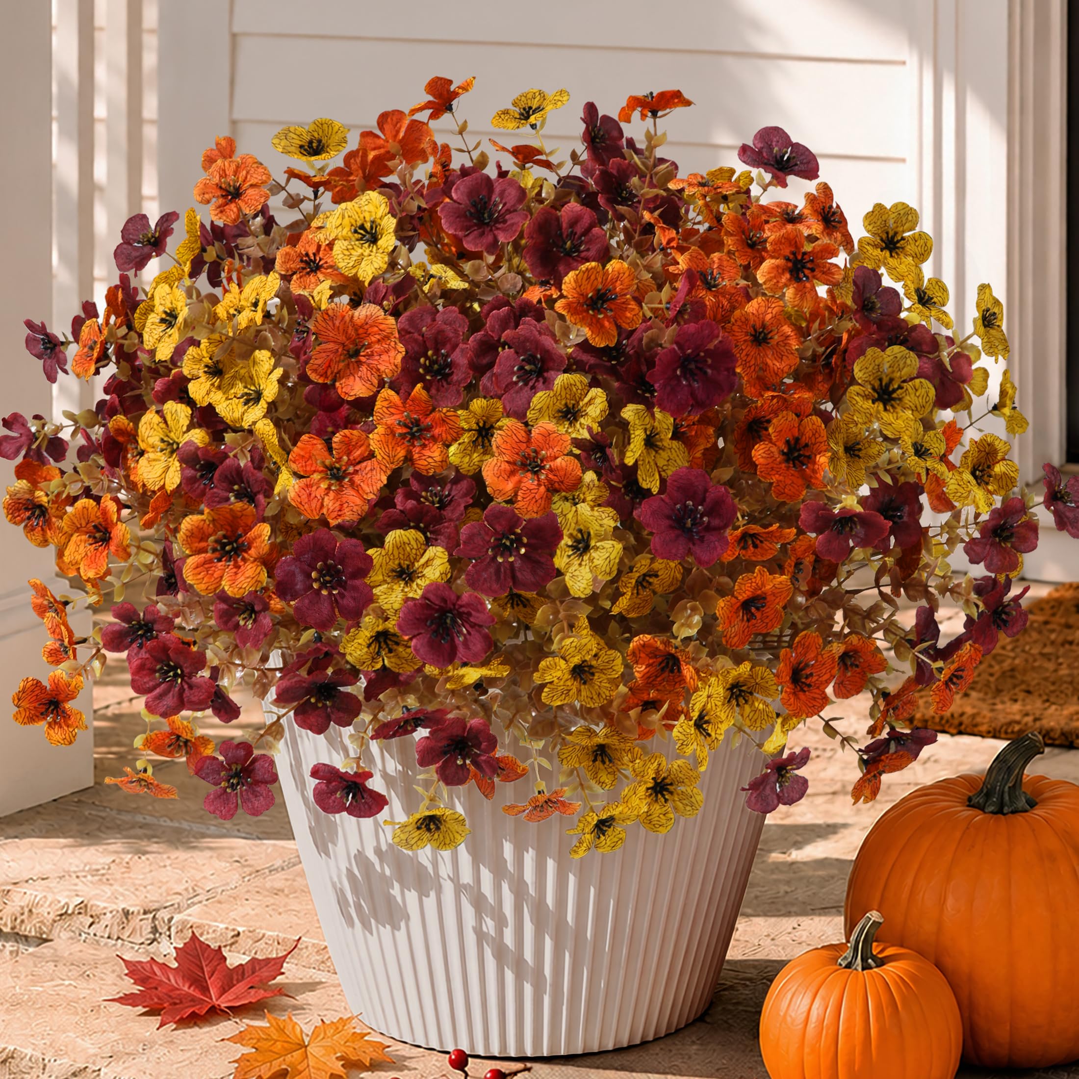 HyeFlora Artificial Fall Flowers Faux Mums, 3 Color Mixed, 12 Bundles | Outdoor Indoor Use, Daisy with Eucalyptus Leaves, Fake Mums Plants Greenery Boxwood, Garden Home Porch Patio Decoration