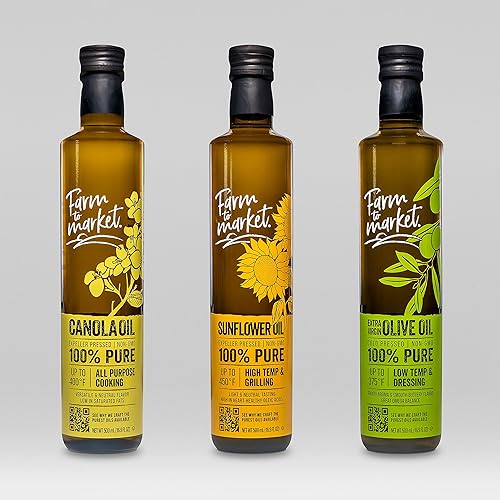 Farm To Market NGMO Pure Sunflower, Canola y Aceite de Oliva Extra Virgen, Paquete de 3 unidades, saludable, libre de químicos, cargado con