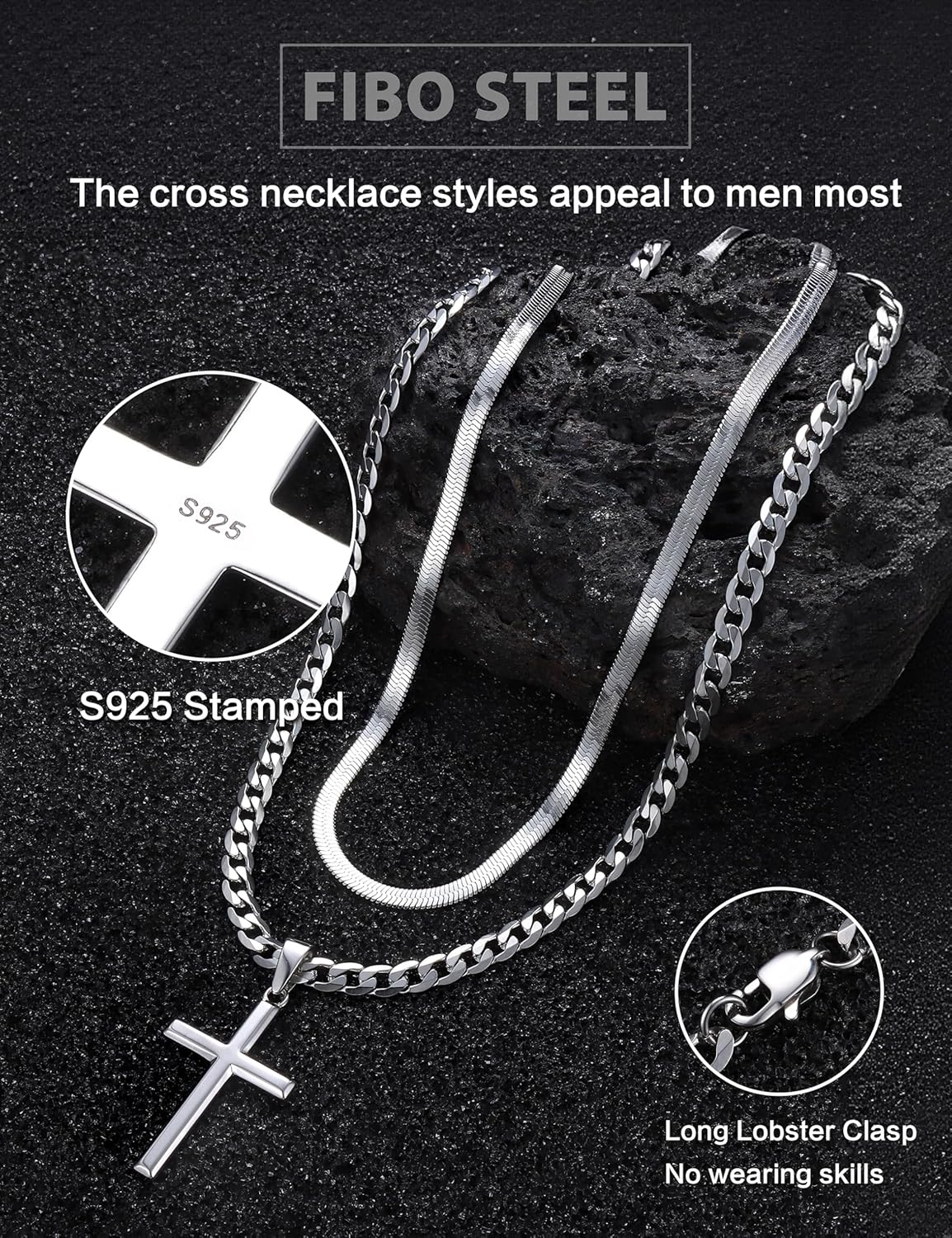 925 Sterling Silver Cross Necklace for Men - Waterproof Layered Sterling Silver Cross Pendant Necklaces Stainless Steel Cuban Link Herringbone Cross Chain Necklace Set Jewelry Gifts 16-30 Inches - Image 4