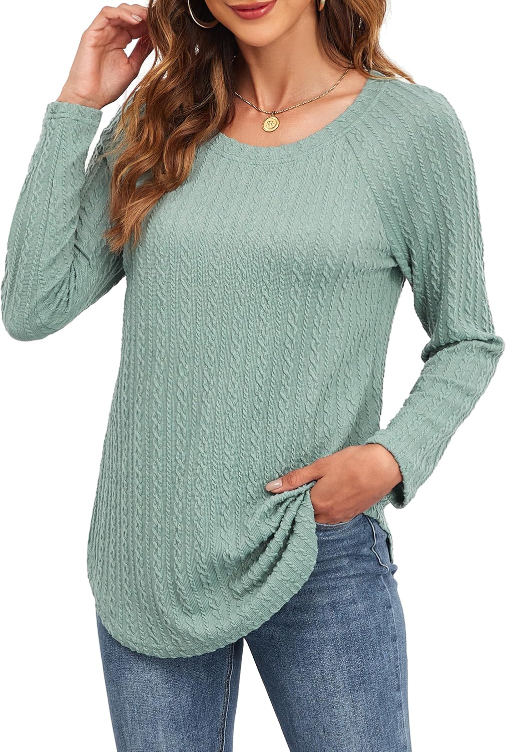 Long Sleeve Shirts Women Fall Fashion 2024 Lightweight Crewneck Twist Knit Tops, GrayishGreen, M - Image 2