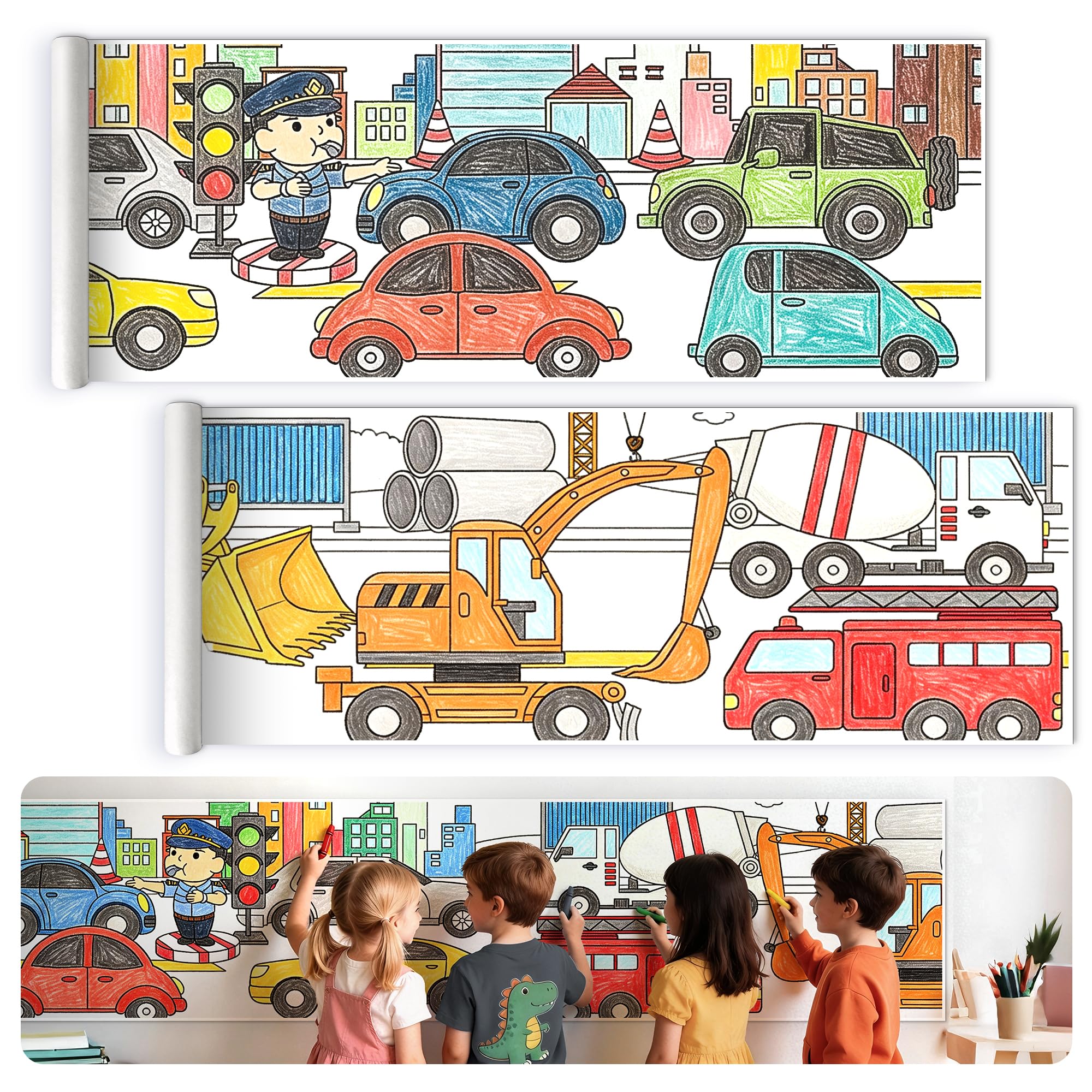 Photo 1 of 118" x 15" Giant Sticky Coloring Paper Roll for Kids Ages 4-8, Perforated for Easy Tearing Drawing Rolls, DIY Sticky Coloring Paper Roll for Kids Ages 4-8, Transportation-Themed Drawing Rolls
