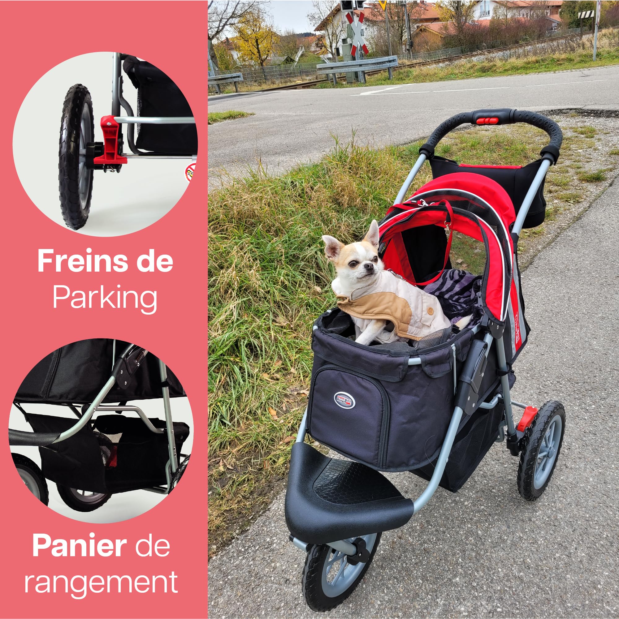 Innopet Comfort Efa Eco Rouge/Noir - Poussette pour chiens et chats pliable d'une seule main, capacité de 25 kg, roues anti-crevaison, panier de rangement et conception à 3 roues facile à installer.