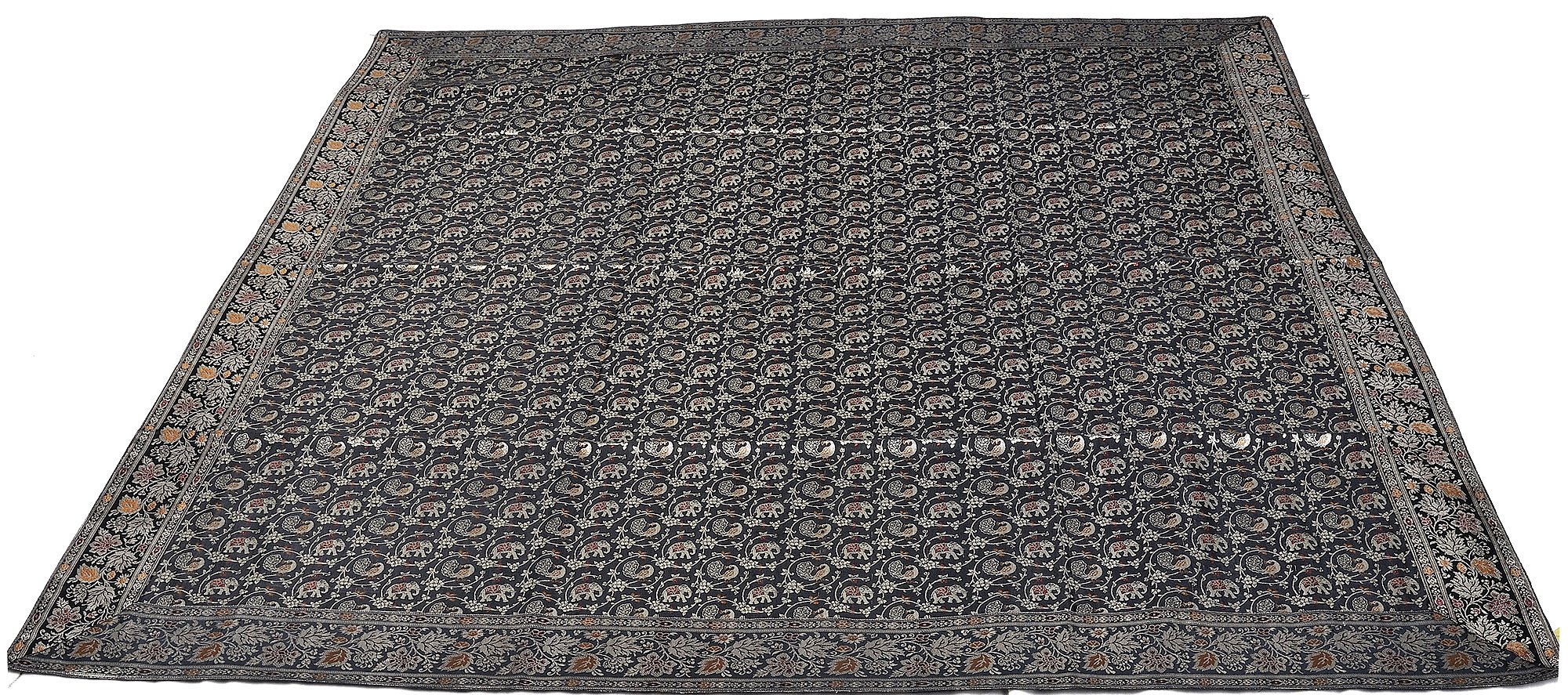 Exotic India Black Meenakari Table Cover from Banaras with Woven Peacocks and Elephants - Art Silk-picture-10