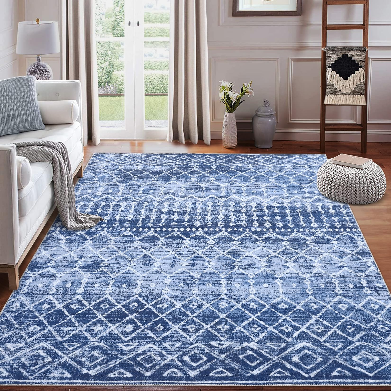 LuxFocus Boho Vloerkleed, vlekbestendig groot vloerkleed, voor woonkamer, 160 x 230 cm, machinewasbaar, geometrische tapijten, antislip vloermat, blauw