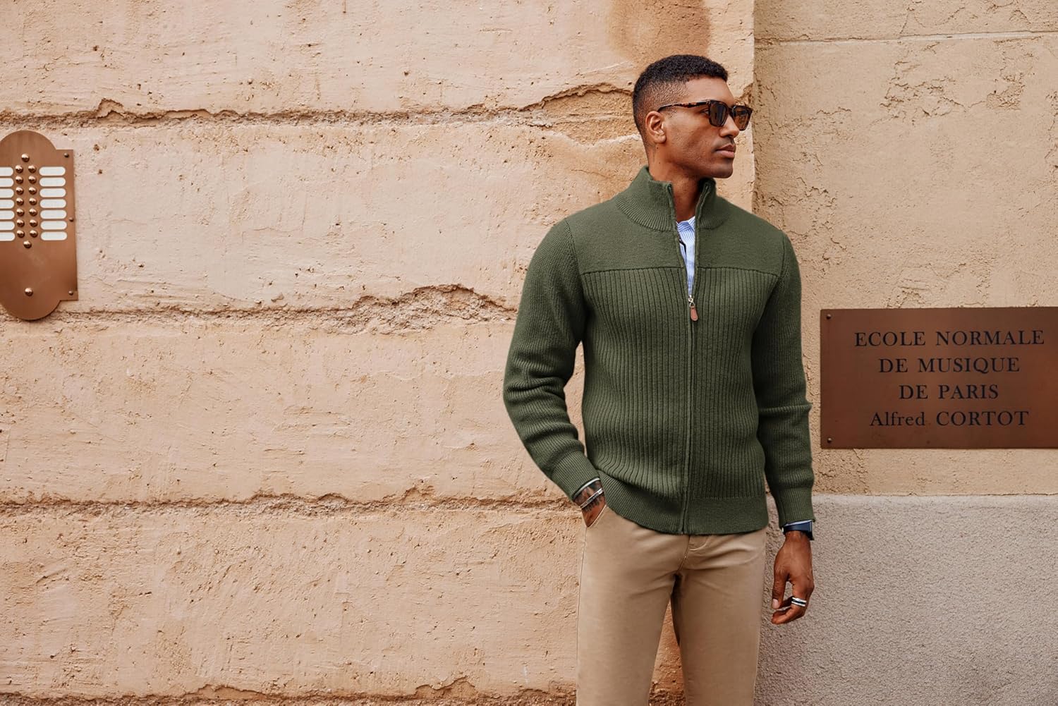 PJ PAUL JONES Men's Full Zipper Cardigan Casual Stand Collar Cardigan Sweater Ribbed Knit Long Sleeve Sweater - Image 3