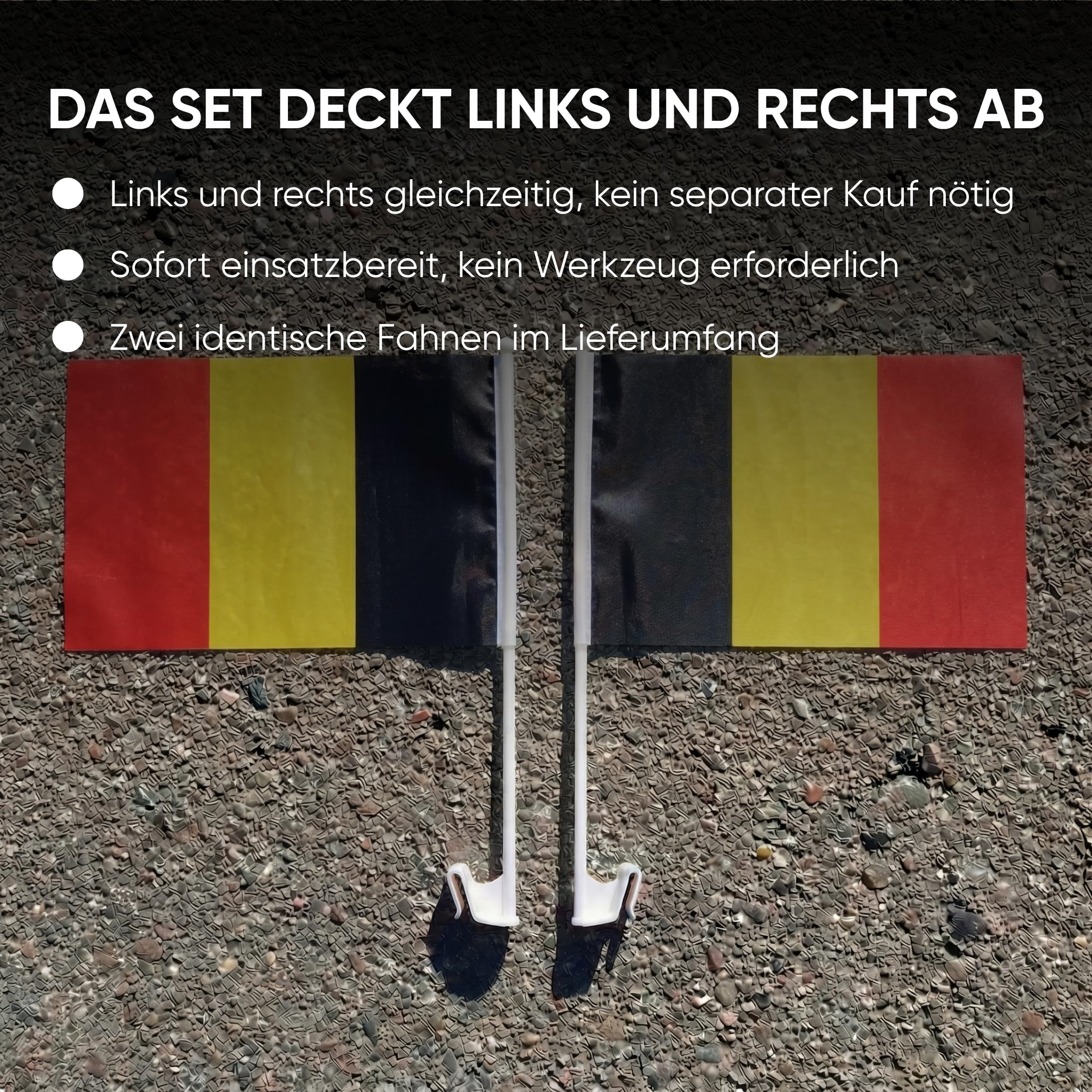 Auto Fahnen Belgien Komplett Set - Motorhaubenfahne, 2 Autofahnen Fenster, 2 Außenspiegelfahnen & 2 Magnet Autofahnen, Fußball EM & WM Fanartikel, Belgische Flagge Fahrzeug Deko