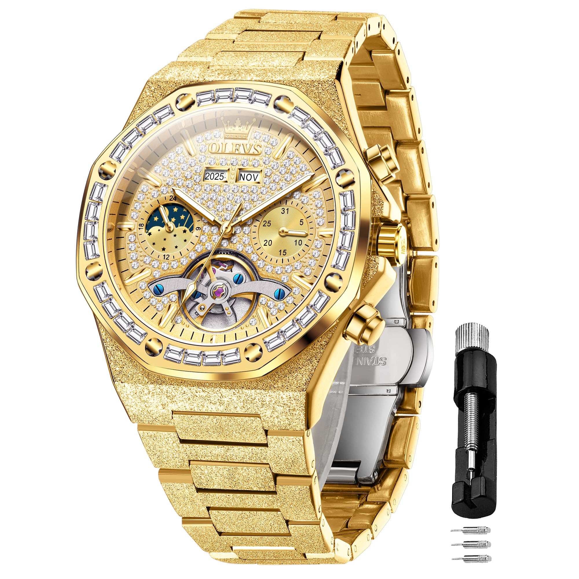 OLEVS Automatic Watch for Men Self-Winding Diamond Waterproof Stainless Steel Wrist Watches Tourbillon Skeleton Mechanical