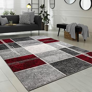Paco Home Large Rug Checked Short Pile Marble Effect Mottled Modern Grey Black Red, Size 2 x 33"
