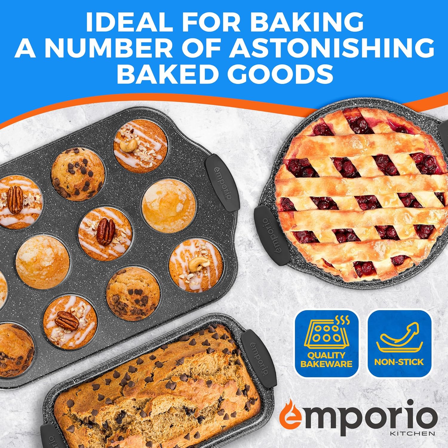 Baking Pan Set - Nonstick Coating, Carbon Steel Bakeware Set with Red Silicone Handles, PFOA, PFOS, PTFE Free, Recipe Booklet Included, Oven Safe Tray (Up To 450° F), Set of 6 - Black - Image 7