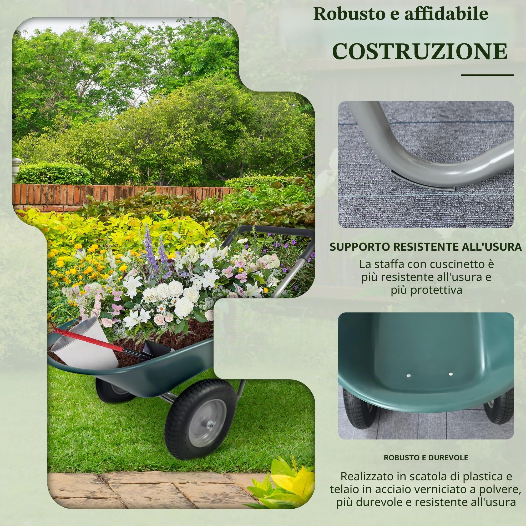 Elevon Carrello da giardino, carrello da giardino resistente per uso domestico, carrello a doppia ruota per casa, giardino, patio, con supporto integrato, colore verde