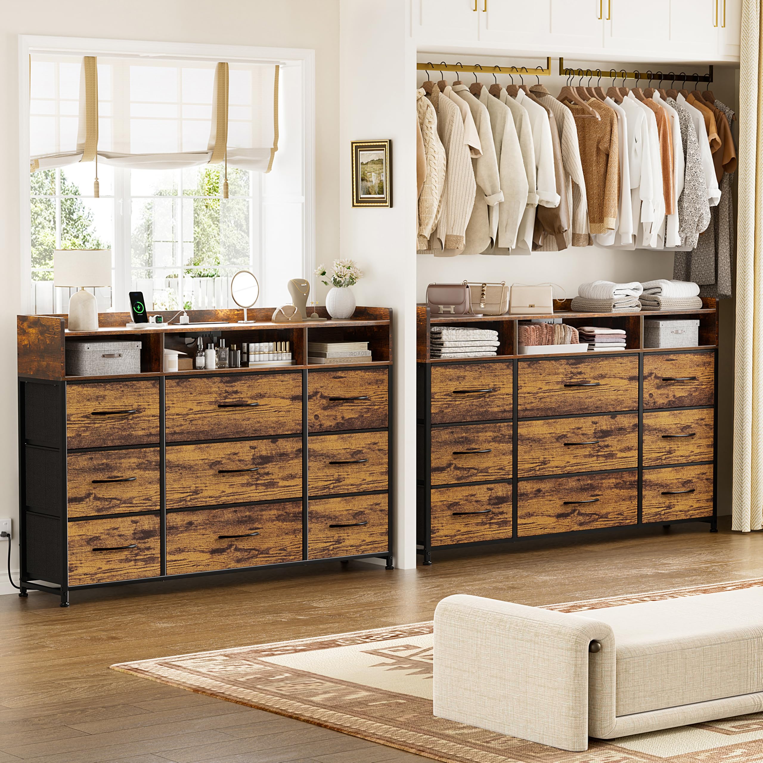 Kommode mit Ladestation und LED-Beleuchtung, TV-Kommode mit 9 Stoffschublade, Aufbewahrungsschrank mit Holzplatte für Schlafzimmer, Wohnzimmer, Flur, Rustikbraun