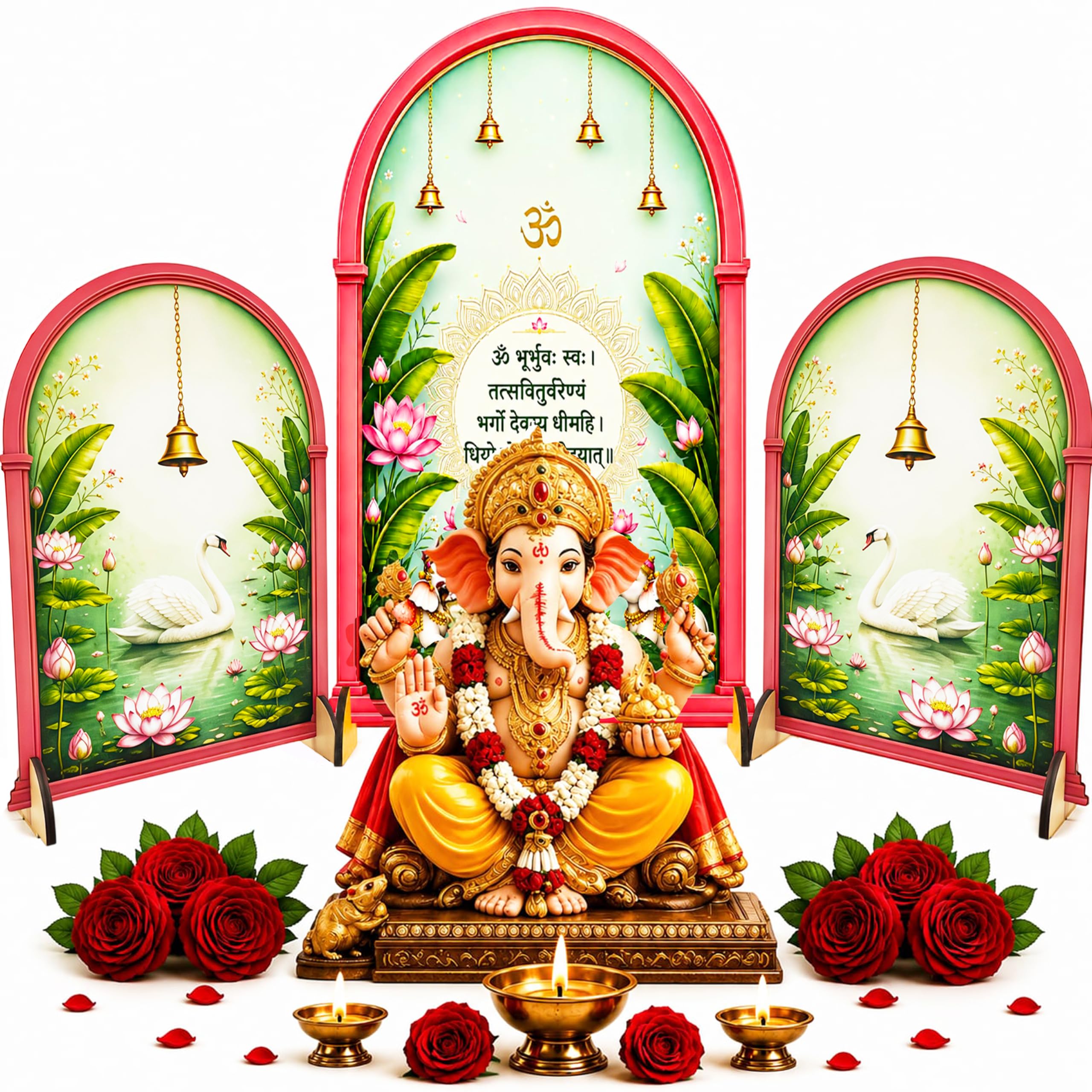 Ganpati Decoration Setup for Home, 3 Piece Freestanding Ganesh Festival Backdrop for Idol, Easy DIY Pooja Mandap Decor, Suitable for up to 12 Inches Ganpati Backdrop Stand & Home Temple