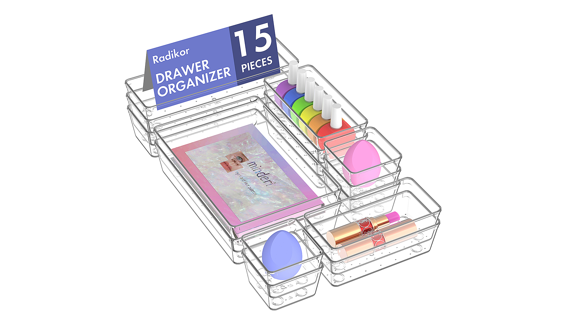 Organizer Cassetti Radikor 25 Pezzi - Contenitori Plastica Trasparente, 4 Misure, Per Casa E Ufficio