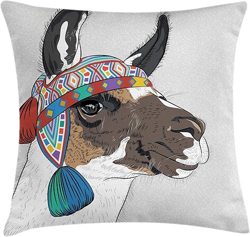 Ambesonne Funda de cojín con diseño de llama, alpaca y sombrero colorido estilo boceto peruano, patrón abstracto de animales, funda de almohada