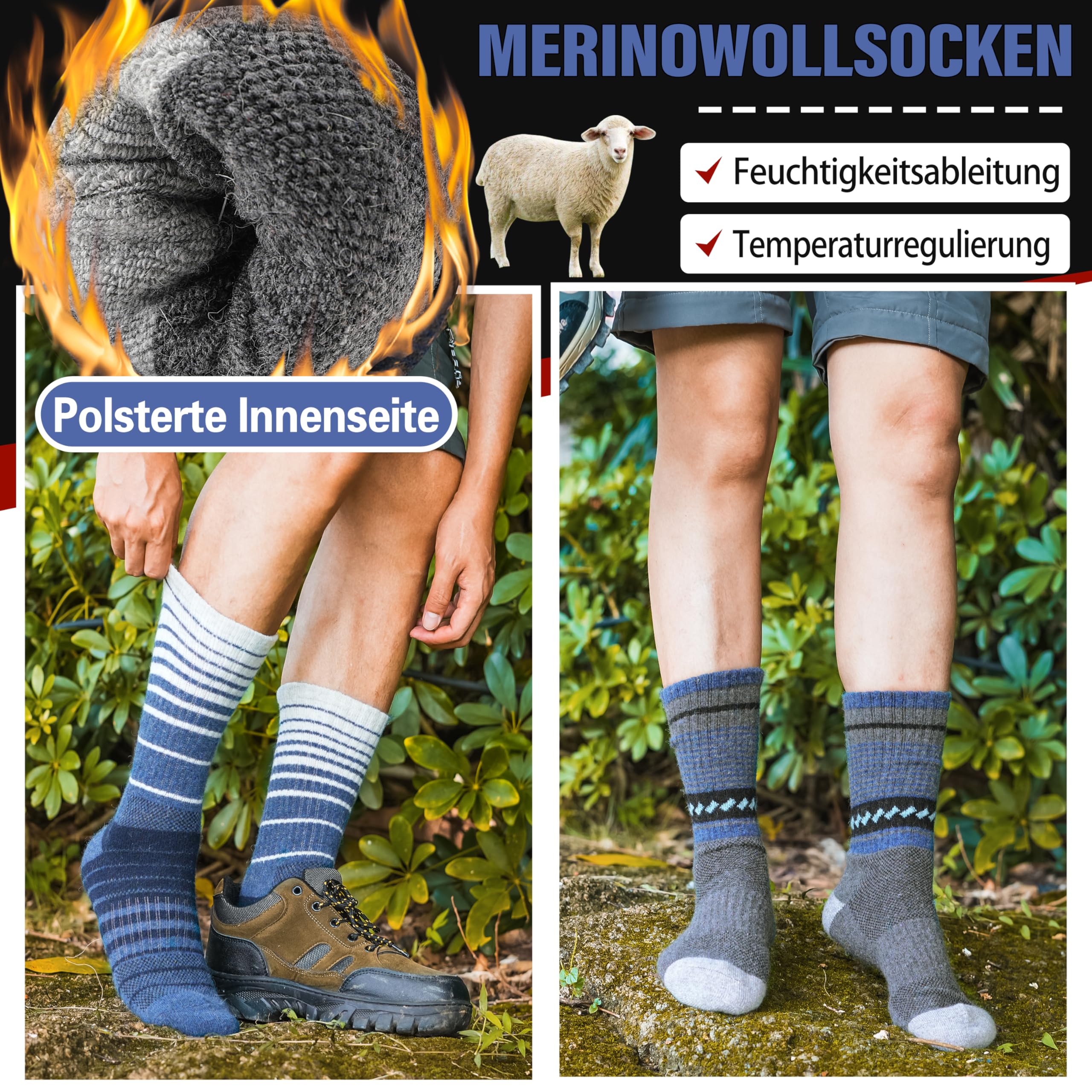 Welwoos 5 Paar Merino Wandersocken, Warme Thermosocken, Outdoor Merinowolle Socken, Dicke Trekking Sportsocken für Herren Damen