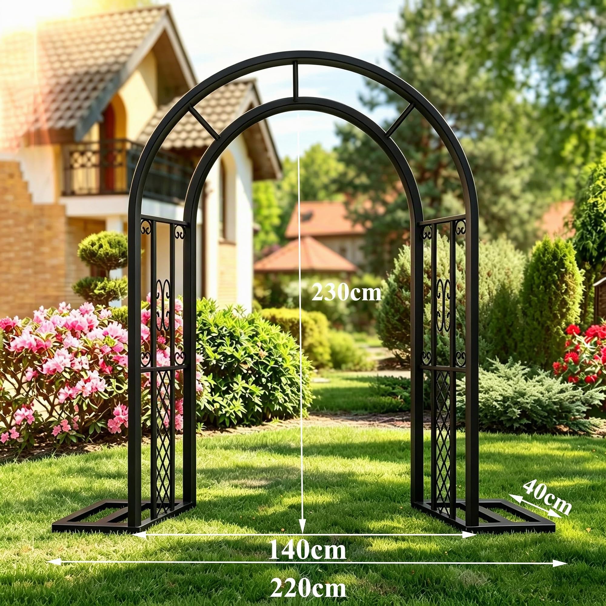 Rosenbogen Metall 220x230cm, Stabil Verzinkter Stahl Rankbogen, Rostfrei Wetterfest mit Erdankern, abnehmbarem Sockel, Schwarz Gartenbogen für Kletterpflanzen, Hochzeit, Garten Dekoration