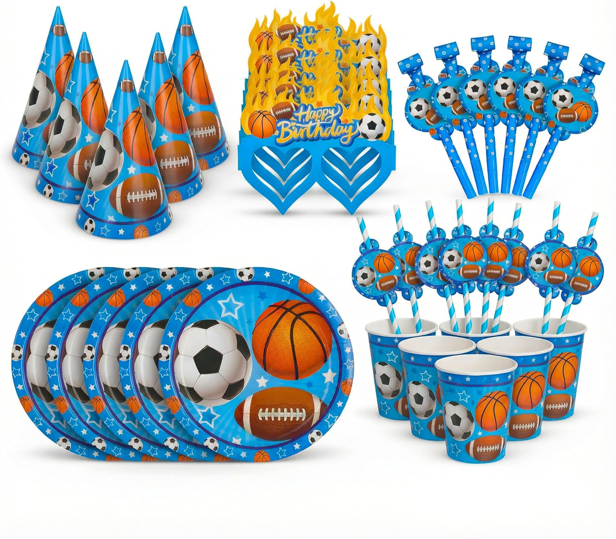 AYEBIA Kids Birthday Party Supplies Set for 6 Guests – 36 pcs Disposable Party Pack with Plates, Cups, Straws, Hats, Glasses & Blowouts (Blue Sports)
