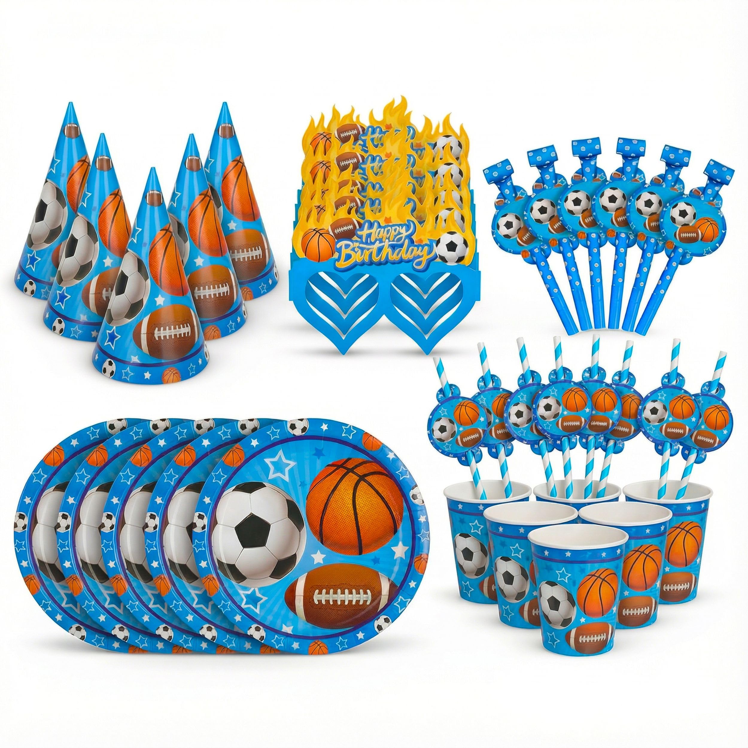 AYEBIA Kids Birthday Party Supplies Set for 6 Guests – 36 pcs Disposable Party Pack with Plates, Cups, Straws, Hats, Glasses & Blowouts (Blue Sports)