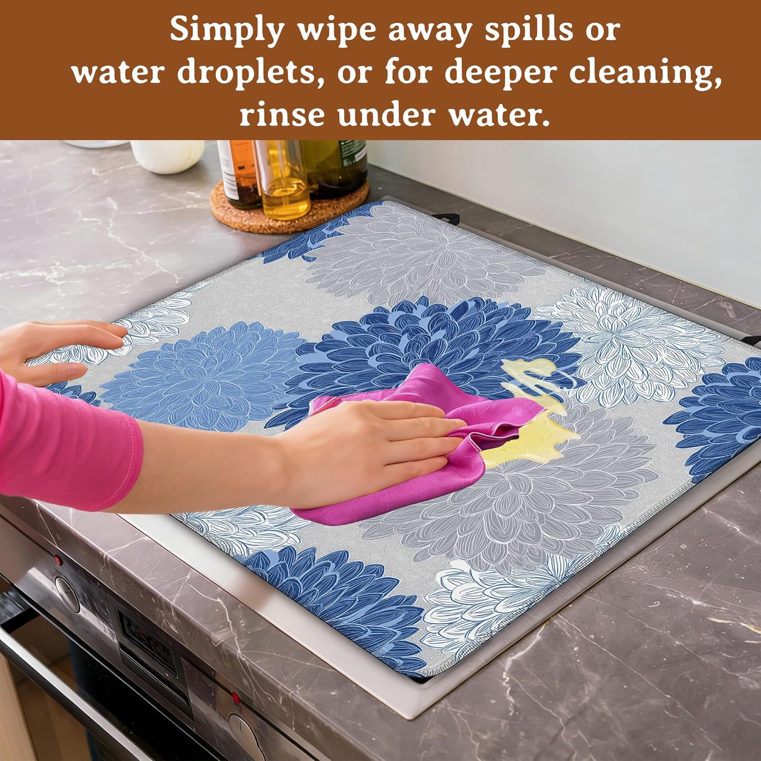 Blue Floral Stove Top Cover for Electric Stove,Dahlia Flower Heat Resistant Glass Cooktop Cover for Kitchen Countertop Protector Dish Drying Mat 28.5×20.5in