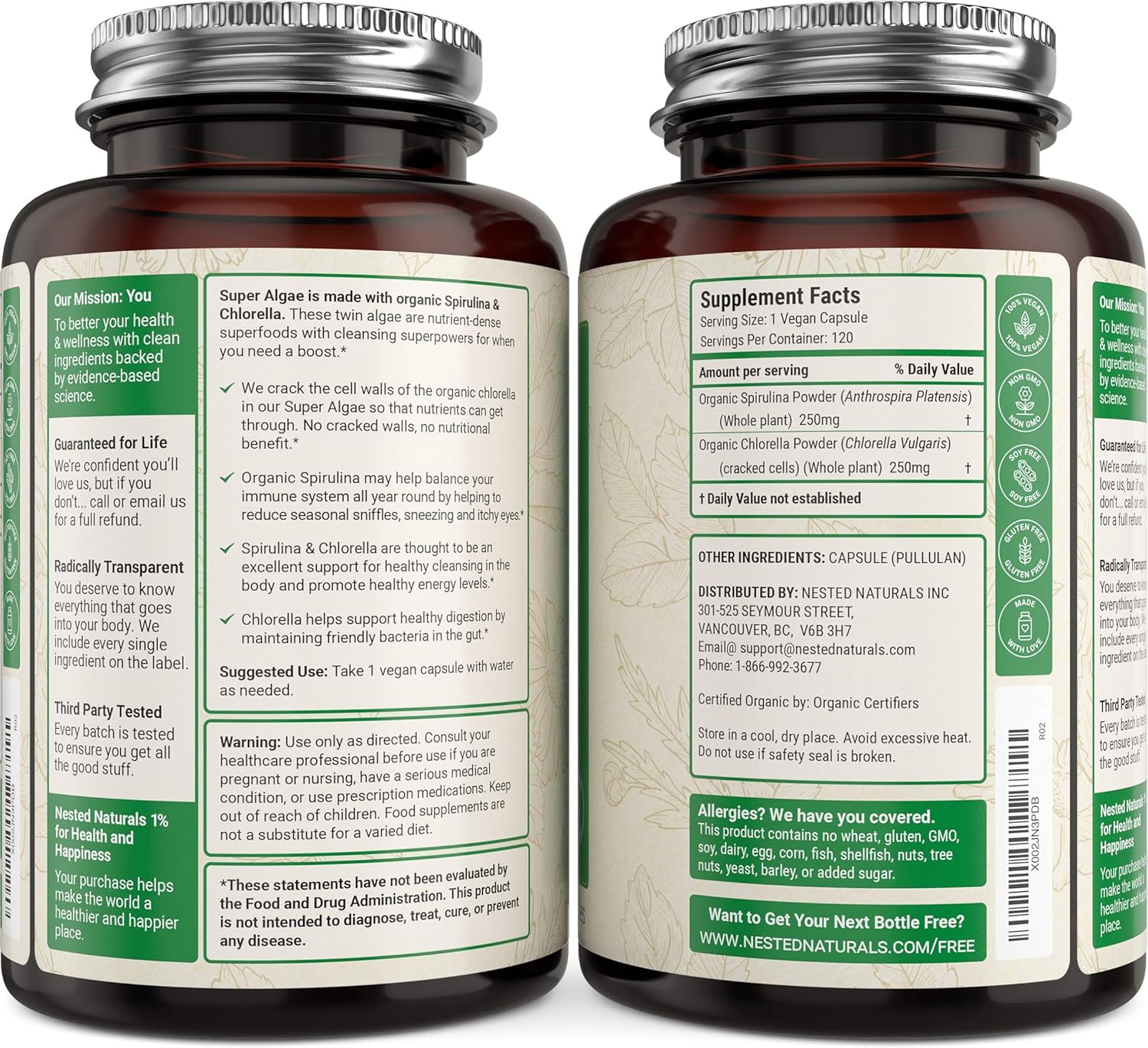 Super Algae Certified Organic Spirulina and Chlorella Vegan Capsules - Blue Green Algae Powder Supplement to Support Energy, Immune System and Healthy Gut - Non-GMO : Health & Household