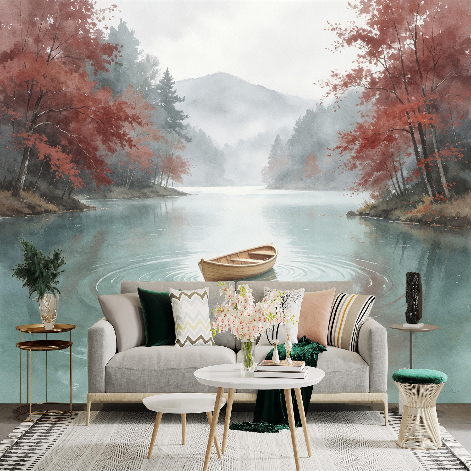 Custom Size Wall Sticker Mural， Wooden Boat on Calm Lake， Misty Mountains， Autumn Forest Scenery， for wall Decoration， peelandstick wall Decals.