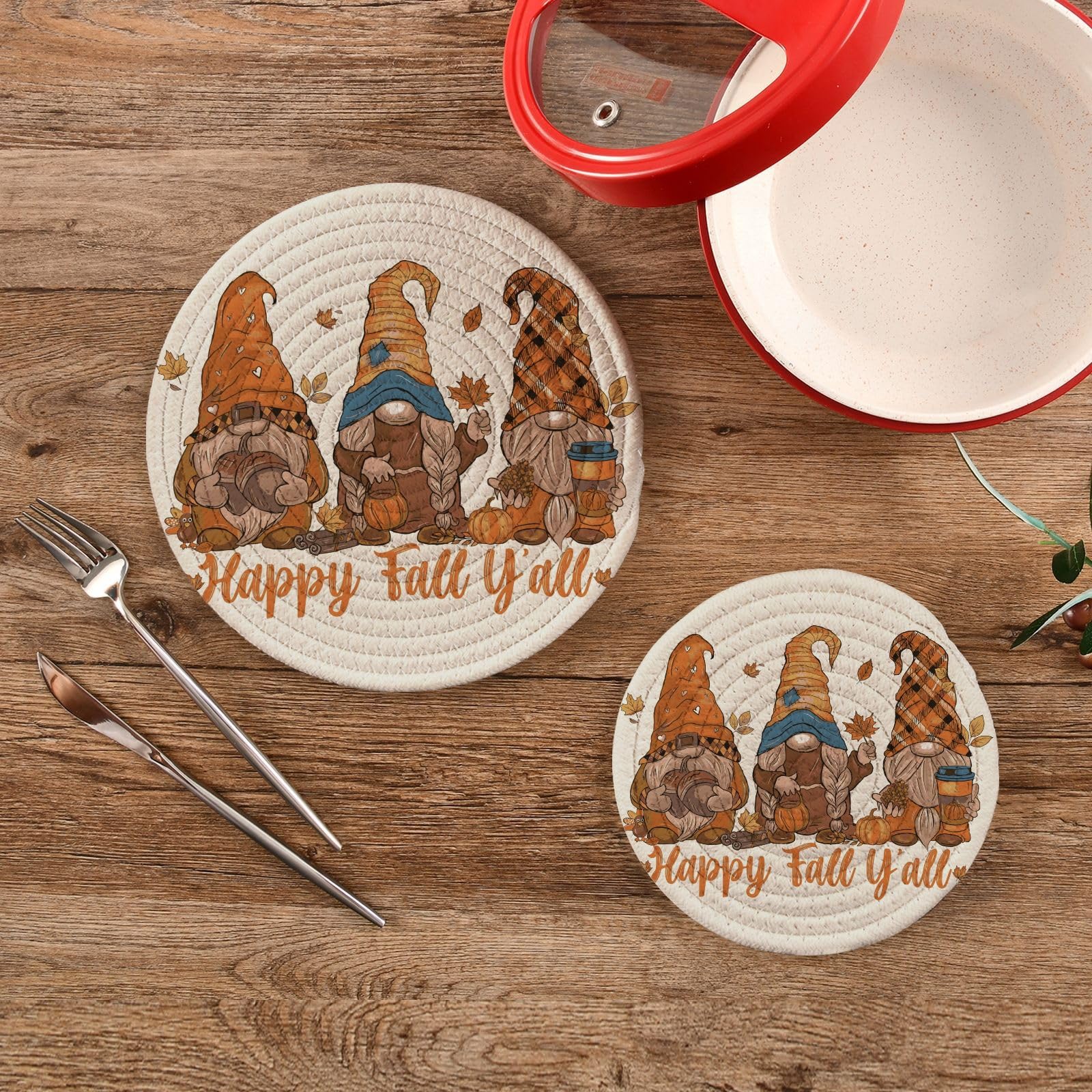 Happy Fall 'y All Trivets for Hot Pots Dishes Heat Resistant, Cute Autumn Gnomes Pans Hot Mats Pads for Kitchen Decorative Counter Tops Dining Washable Pot Holder Coasters Set