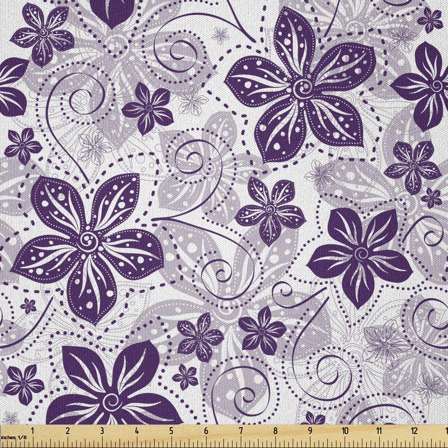 Lunarable Violet Fabric by The Yard, Swirls and Dots Floral Arrangement with Abstract Composition Geometric Elements, Microfiber Fabric for Arts and Crafts Textiles &amp; Decor, 3 Yards, Plum White