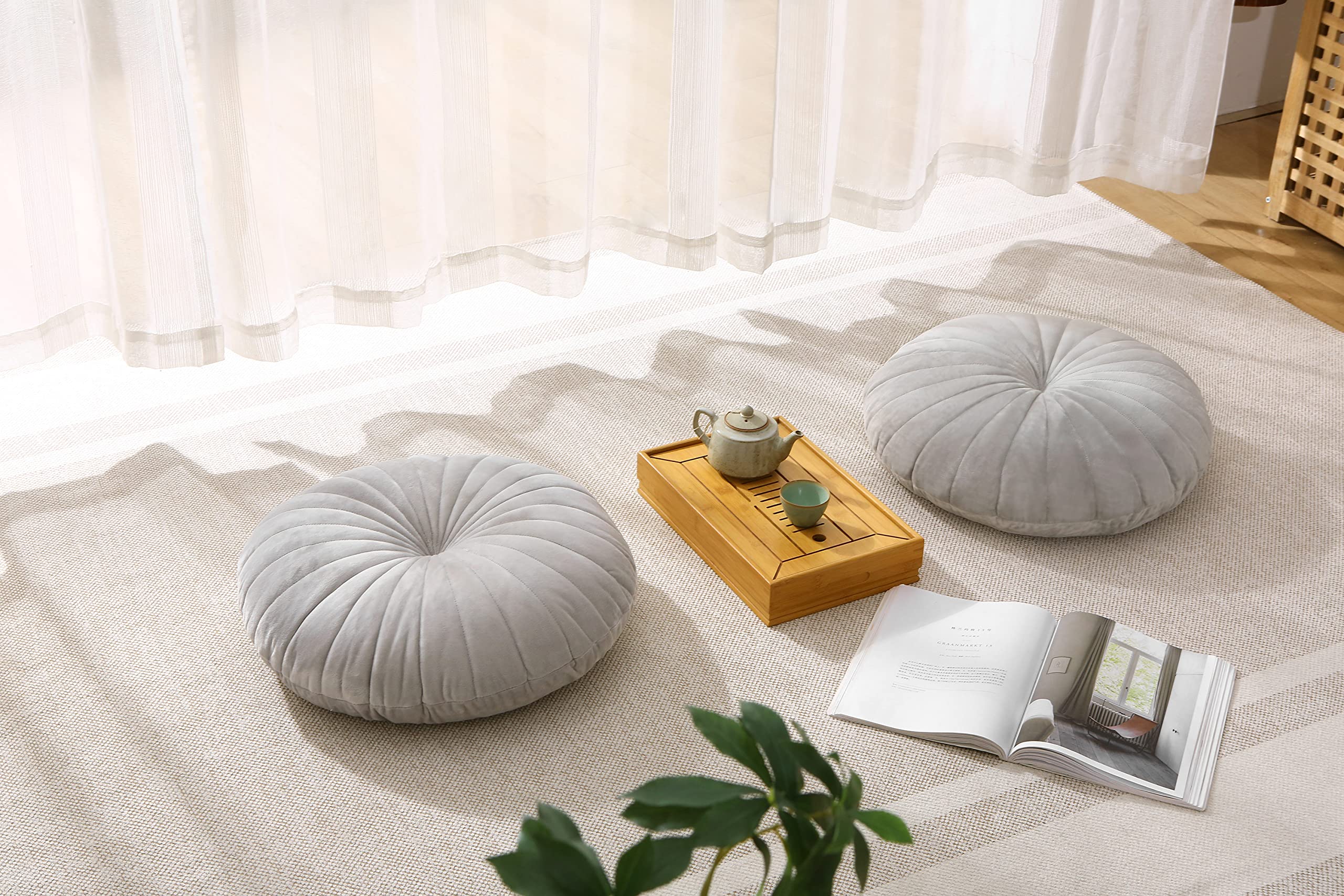 Almohada de suelo redonda grande para adultos, cojines gruesos de terciopelo para yoga, sala de estar, balcón, tatami al aire libre, 18 pulgadas (gris)