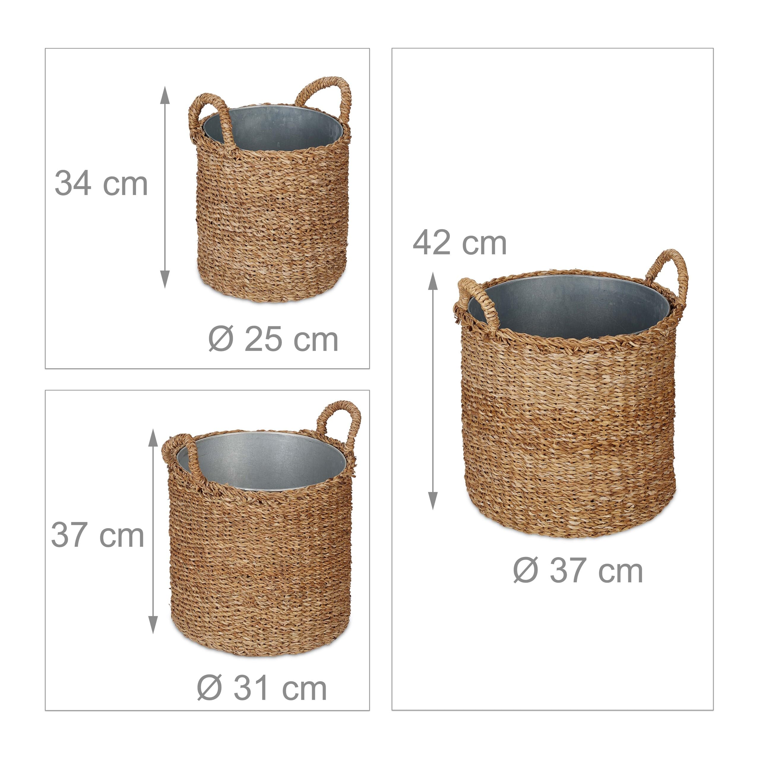 Relaxdays Pot de Fleur Rond, Lot de 3, en zostère, Panier pour Herbes, Plantes et Fleurs, Jardin, Balcon, Nature