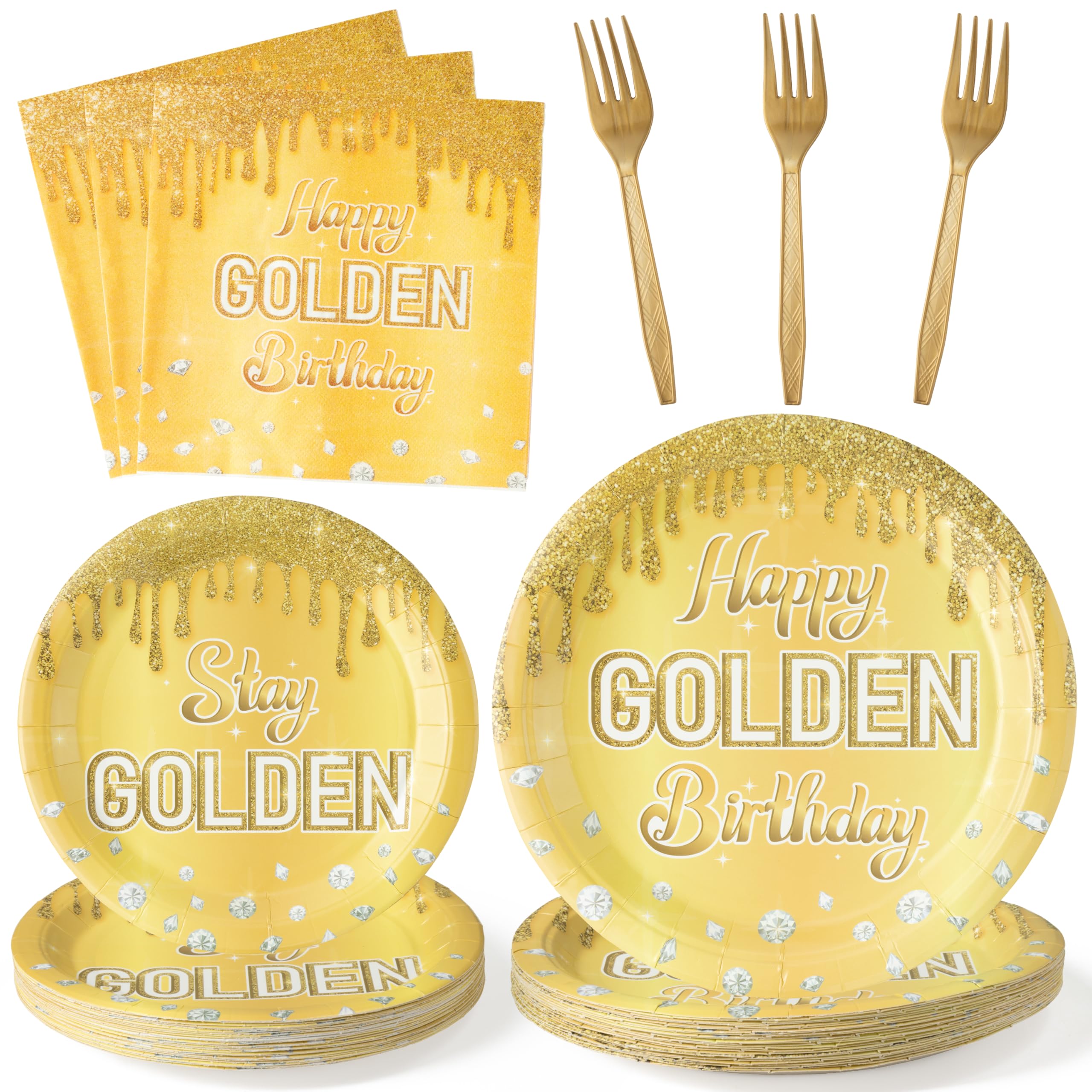 G1ngtar 96Pcs Happy Golden Birthday Party Plates Supplies - Gold Glitter Party Tableware Decorations Golden Diamond Disposable Paper Plates Napkins Forks for Women Men Birthday Anniversary, Serves 24
