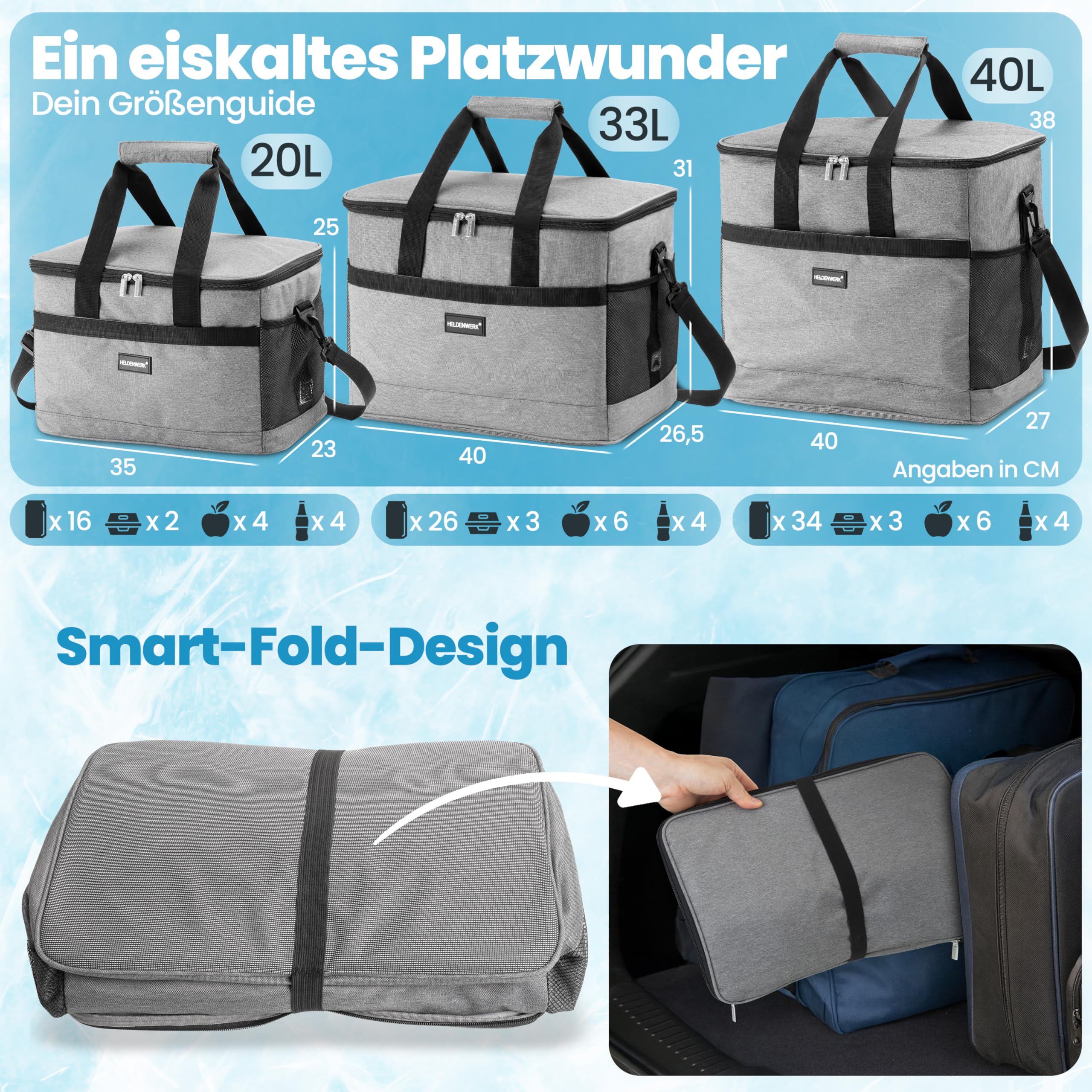 HELDENWERK Kühltasche groß faltbar – Kühlbox bis zu 12h Kühlleistung auslaufsicher & wasserdicht – Thermotasche, Picknicktasche, Lunchtasche, Isoliertasche mit 7 Fächern – verstärkter Boden