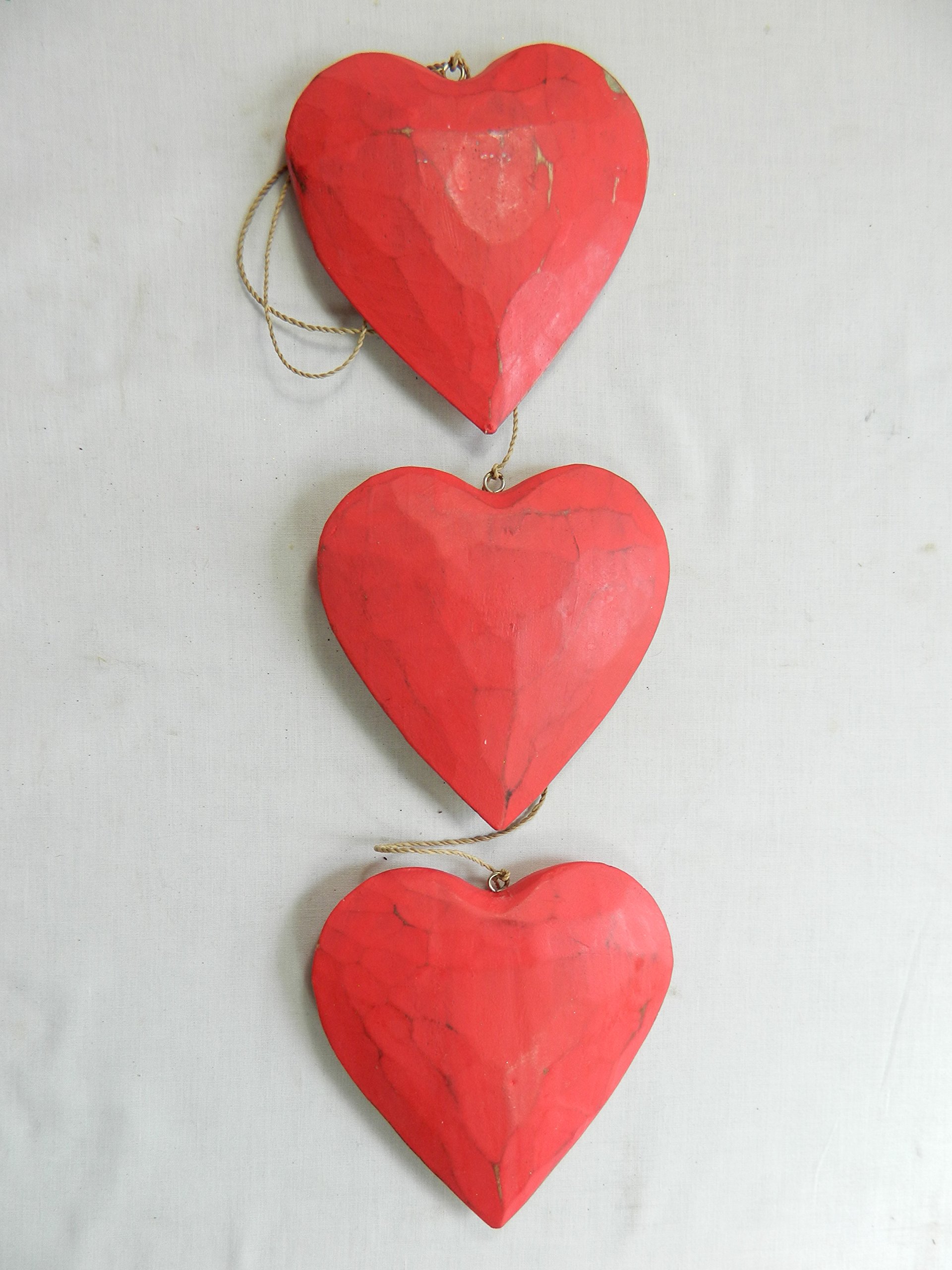 Thai Gifts Red Wooden Hanging Heart Wall Art - String Of 3 Shabby Chic Hearts - Vintage