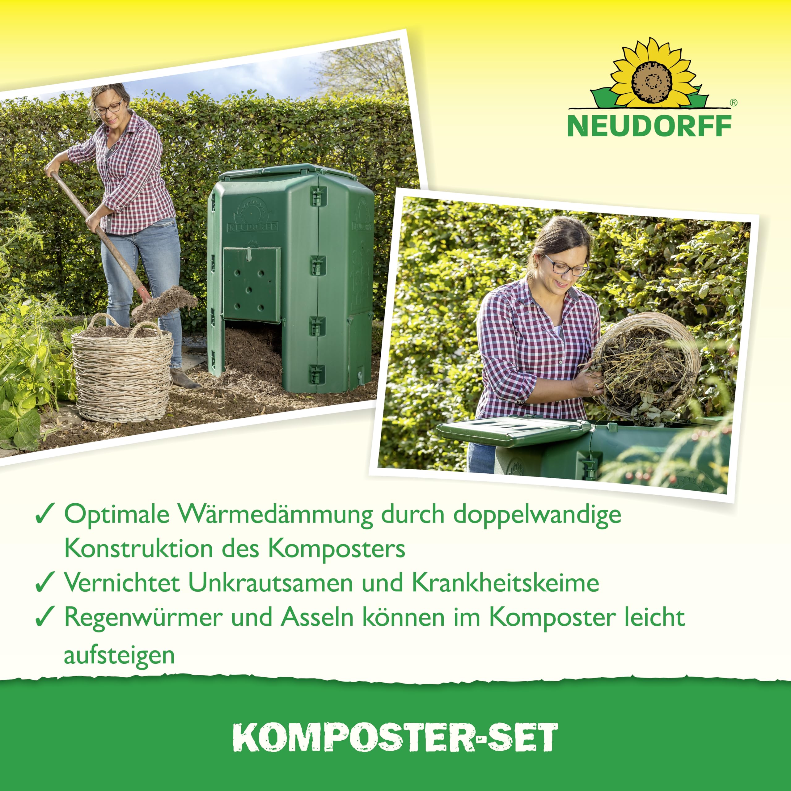 NEUDORFF Thermokomposter mit Bodengitter DuoTherm 530 L Schnellkomposter rattensicher - Komposter Garten für Küchenabfälle - Wetterfeste und UV-beständige Komposttonne mit Recycling Kunststoff