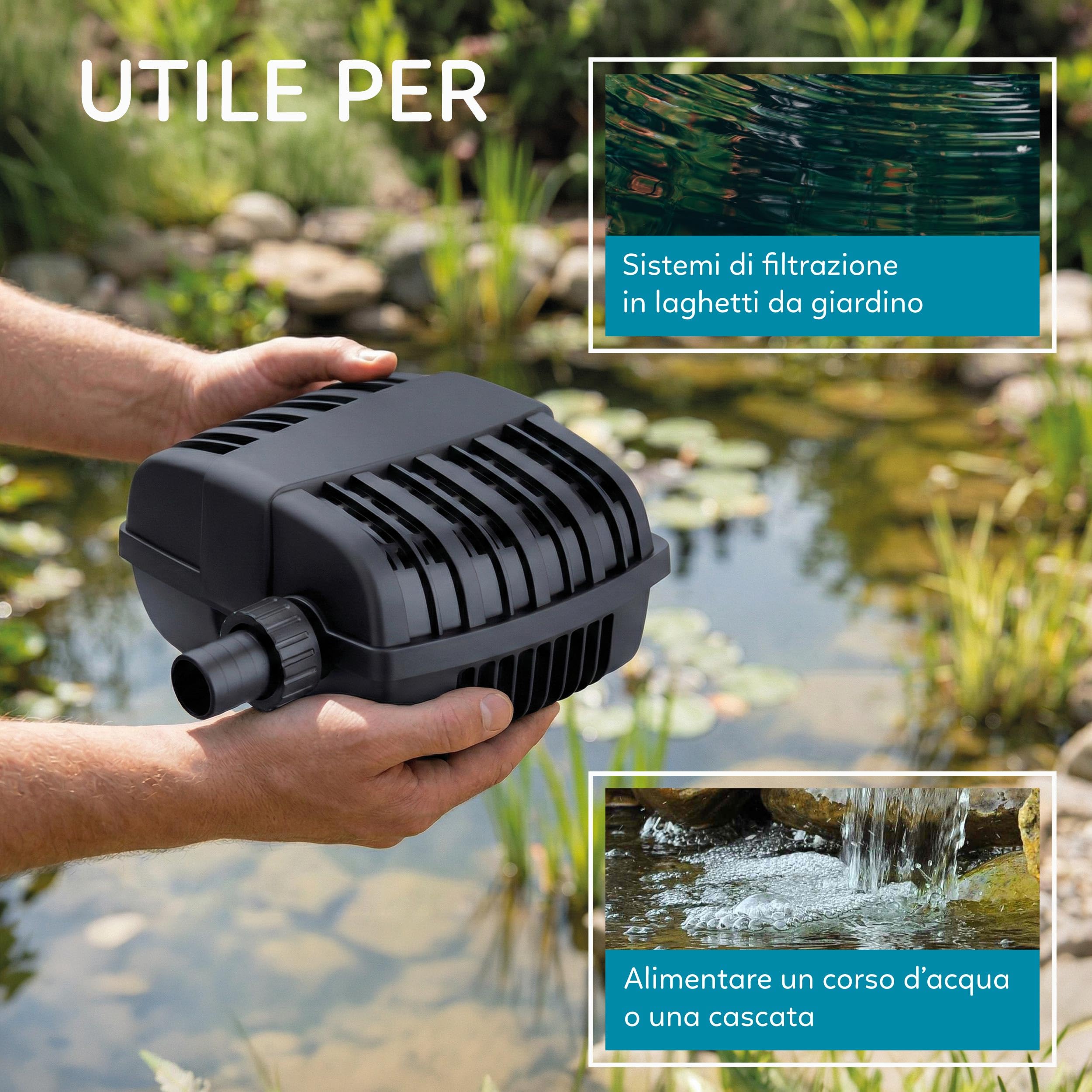 AQPOND Flux Pompa per Laghetto e Fontane da Giardino – Pompa Sommergibile ad Alta Portata per Cascate, Ruscelli e Filtri Laghetto – Design Compatto con Cavo Lungo 5 metri 3000lt/h