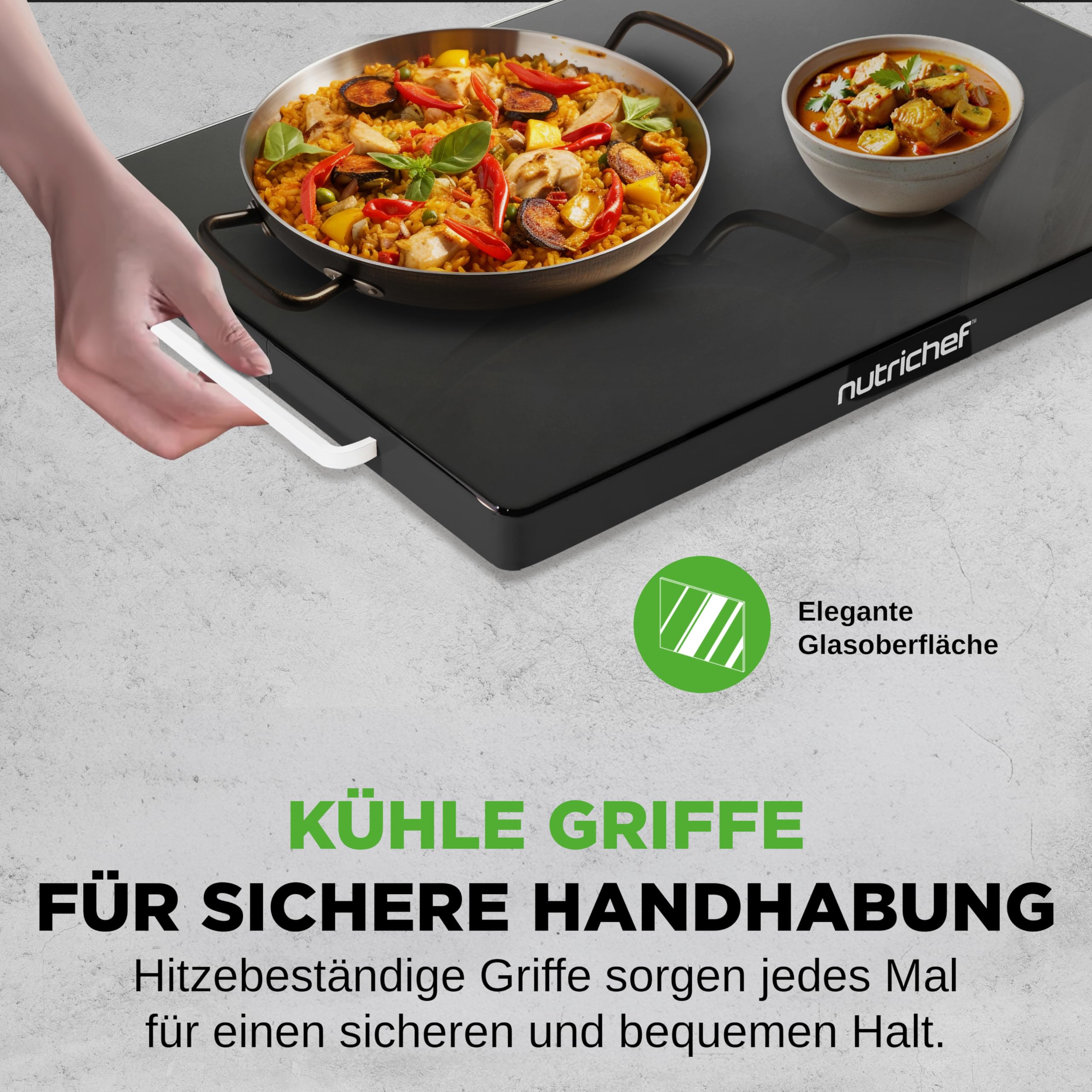 NutriChef Kochplatte elektrisch – Warmhalteplatte 54×42 cm mit Temperaturregelung 60–110 °C, 180 W Warmhaltebehälter für Buffet, Grillgut & Party - Sicher, Energiesparend & Flach - Schwarz