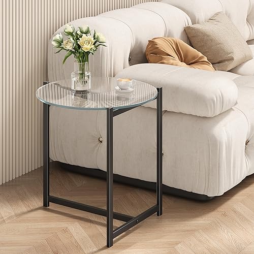 Miniatura 10 de Mesa auxiliar redonda de vidrio de 16 pulgadas, parte superior de vidrio transparente templado con marco de metal negro resistente, mesa auxiliar