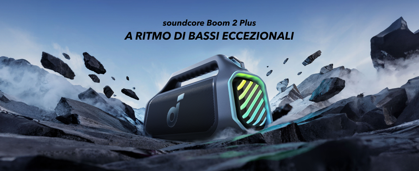 Soundcore Boom 2 Plus Cassa Bluetooth Potente per esterni, 140W, 2+2 canali stereo, BassUp 2.0, Bluetooth 5.3, 30W ricarica rapida, 20 ore di riproduzione, IPX7, luci RGB, USB-C, EQ personalizzata