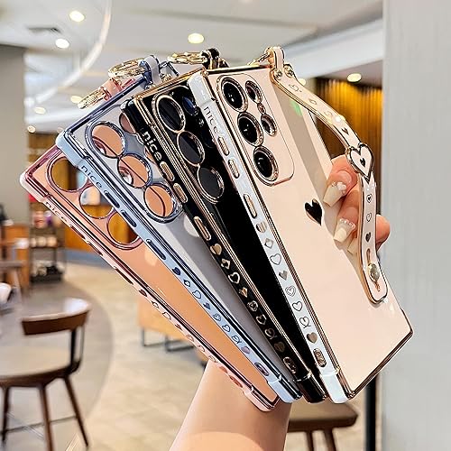 Miniatura 3 de DEFBSC Funda compatible con Samsung Galaxy S23 Ultra, funda de corazón con borde galvanizado con correa de muñeca, protección completa de la cámara,