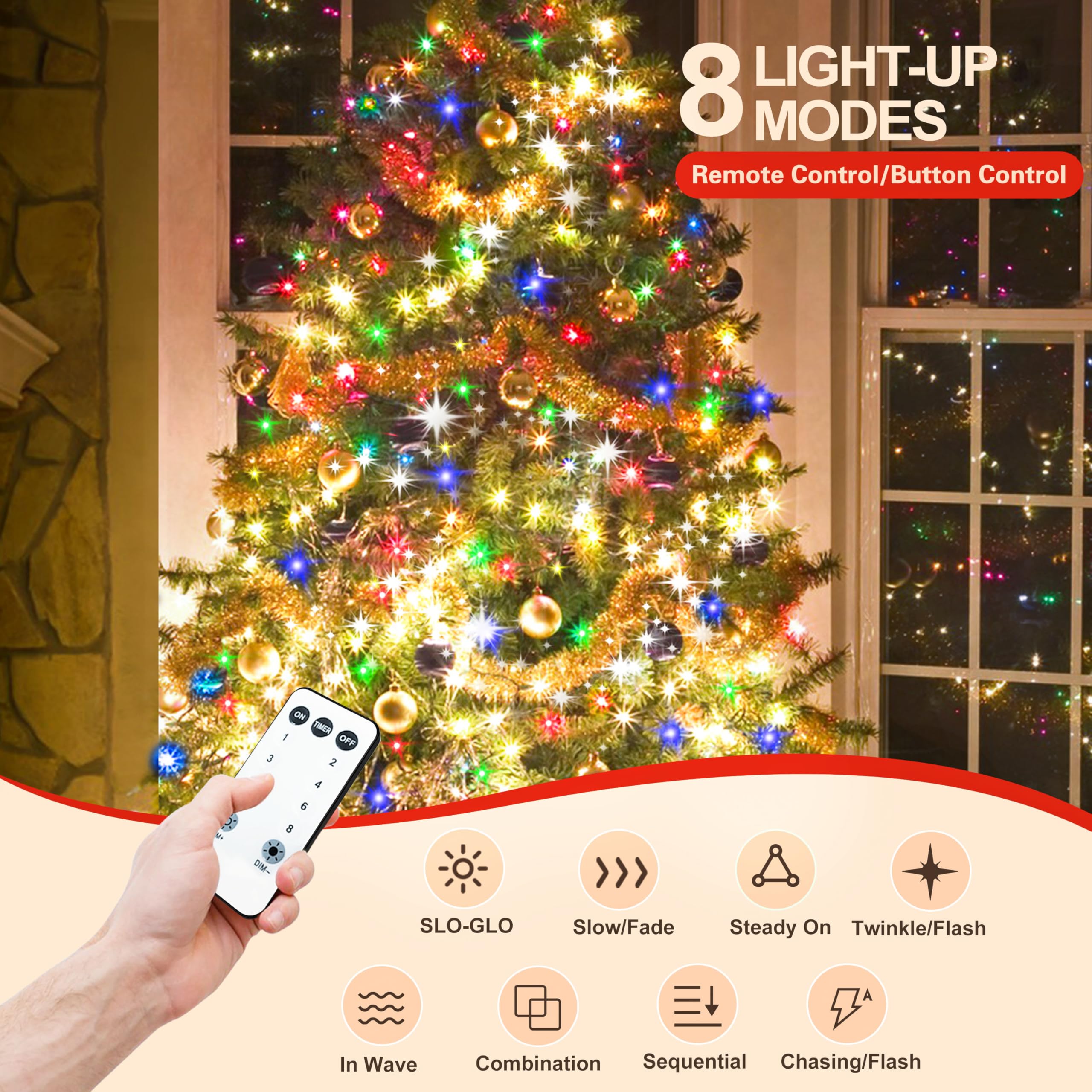 aneeway Catena Luminosa per Albero di Natale 16x3m 480LED Catena Luminosa Lucine Albero Interno e Esterno, per 2.5-3.4m Albero di Natale Luci Natalizie di Illuminazione a 8 Modalità,Colore