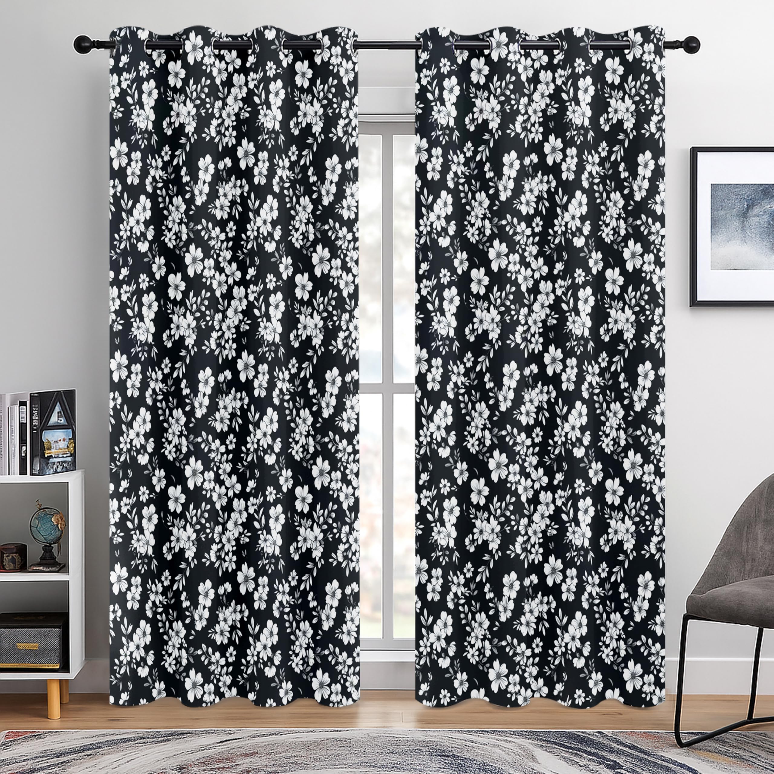 BOHOMOCASA Black and White Cherry Blossom Blackout Curtains for Bedroom, Japanese Floral Window Drapes, 100% Light Blocking Curtains for Living Room, Grommet Top 52 x 84 Inches, 2 Panels — image 1