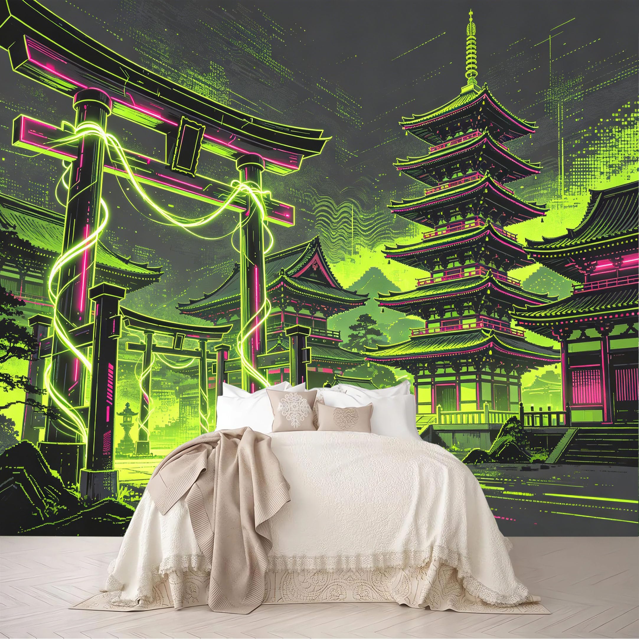Dskjoviality Ab260706079 Custom Size Wall Murals Neon Torii Gate Pagoda Cyber Temple Removable Self-Adhesive For Bedroom Living Room Dining Room