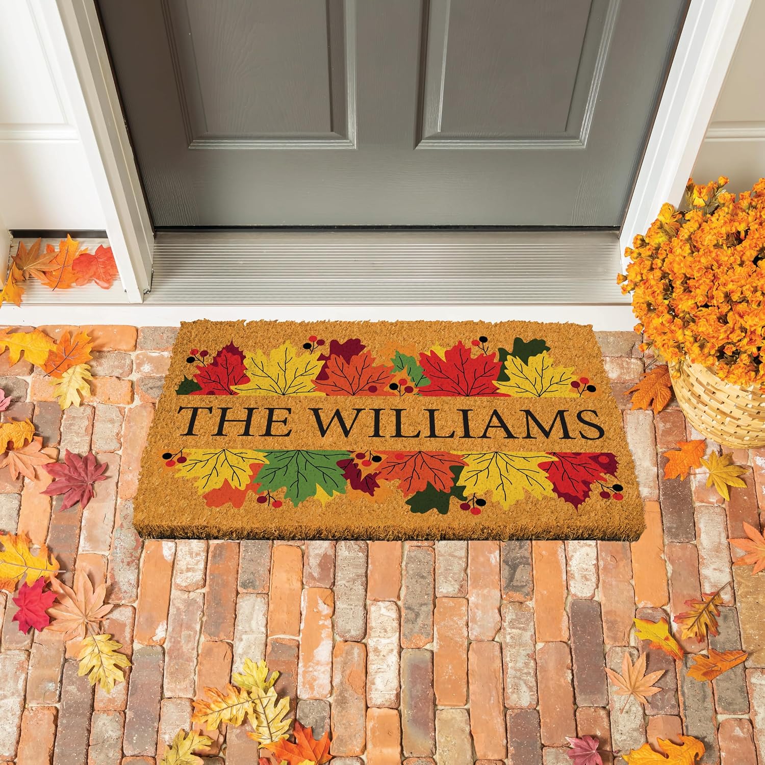 Evergreen Flag Personalized Coir Door Mat | Custom Text Doormat | Front Door Welcome Mats with Rubber Back | Personalized Housewarming Gifts (Fall Leaves, 18"x30")