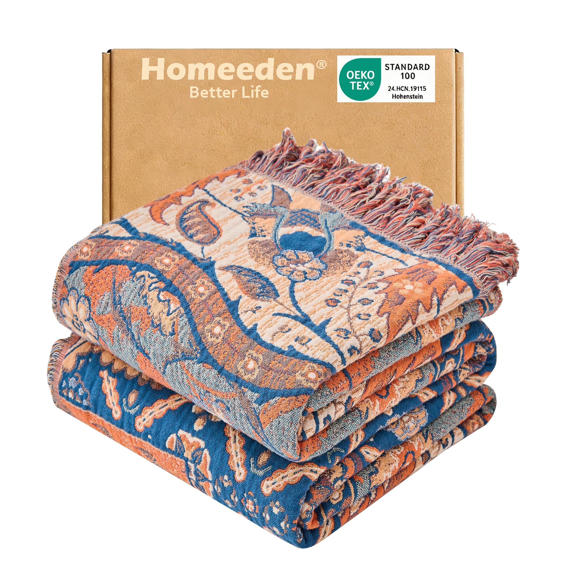Homeeden 100% Natural Premium Cotton Sofa Throw Blanket -130x160cm, Breathable Cozy Large Soft Bed Throw Blanket, Bohemian Patchwork Throw for Armchair Seater Sofas Settees — image 1