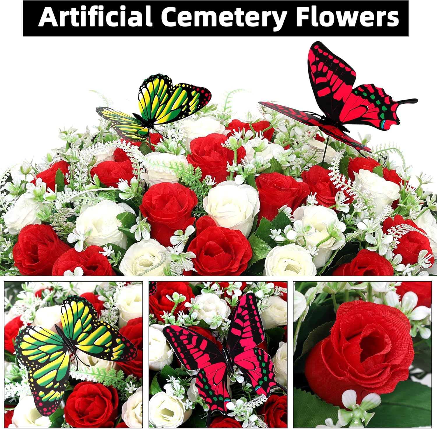 Lodou Artificial Cemetery Flowers for Grave,Large Headstone Flower Saddle Realistic Grave Flowers Memorial Silk Rose Flowers with Butterflies for Headstone Grave Decoration Non-Fading Easy Fit (Red)