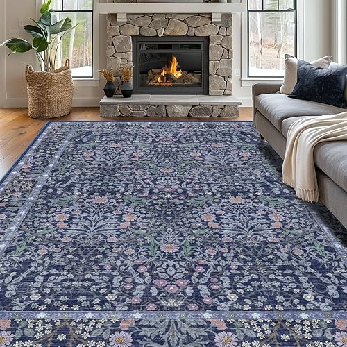 shinefly 8x10 Washable Vintage Floral Rug Blue