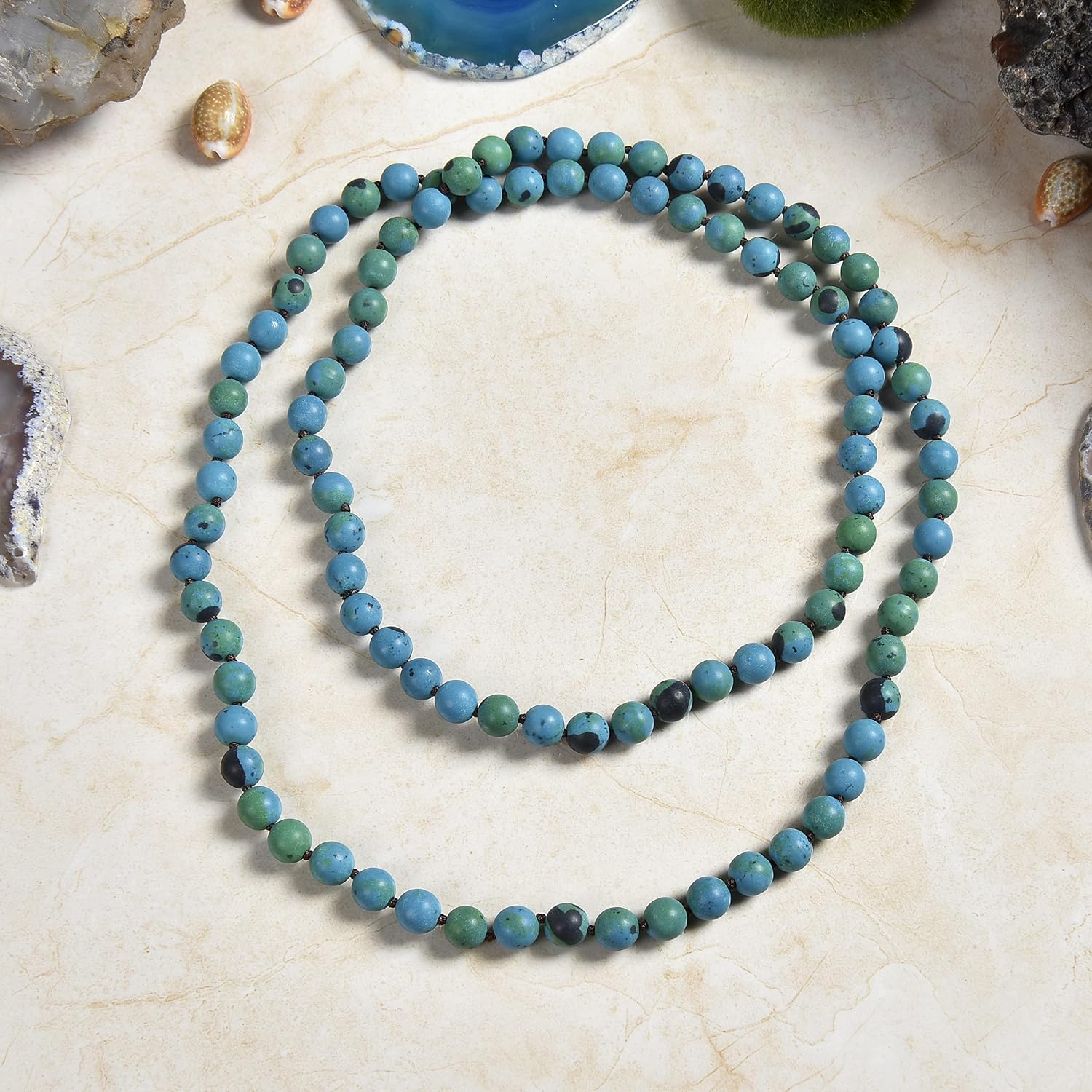 MGR MY GEMS ROCK! 7-8MM 36 Inch Long Matte-Finish Genuine Semi-Precious Stone Endless Infinity Opera Length Hand Beaded Mala Chakra Strand Necklace for Women or Men.