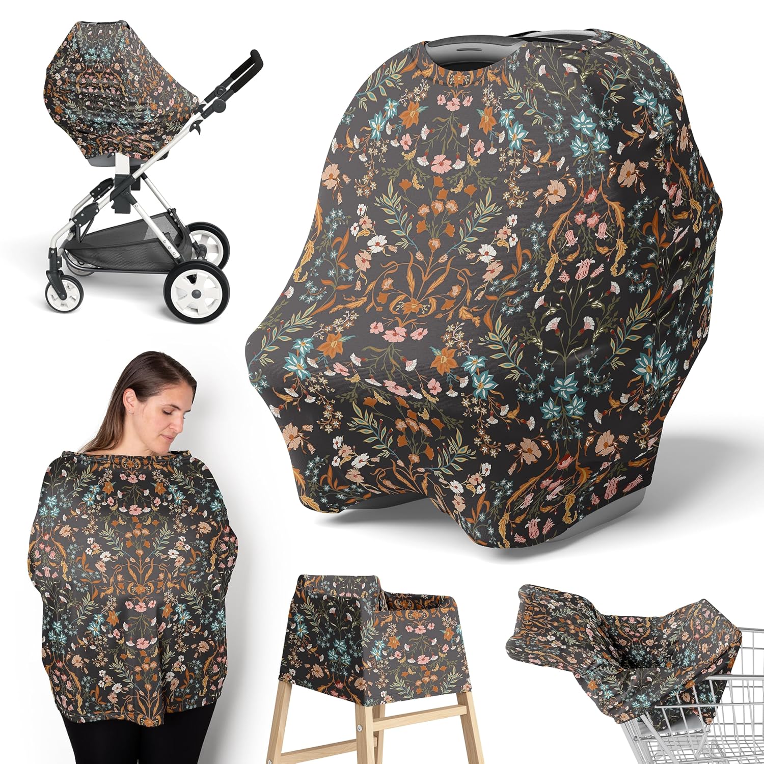 Sweet Jojo Designs Boho Wildflower Vintage Floral Girl Infant Baby Car Seat Cover Nursing Breastfeeding High Chair Shopping Cart Stroller Canopy Carrier Multipurpose Use Bohemian Farmhouse Cottagecore