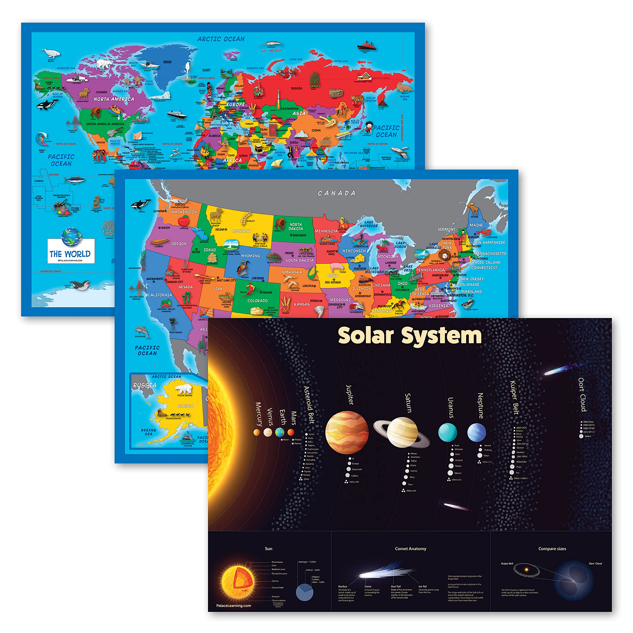 3 Pack - World & USA Map Chart [Illustrated Short] + Solar System Poster for Kids (LAMINATED, 18” x 24”)